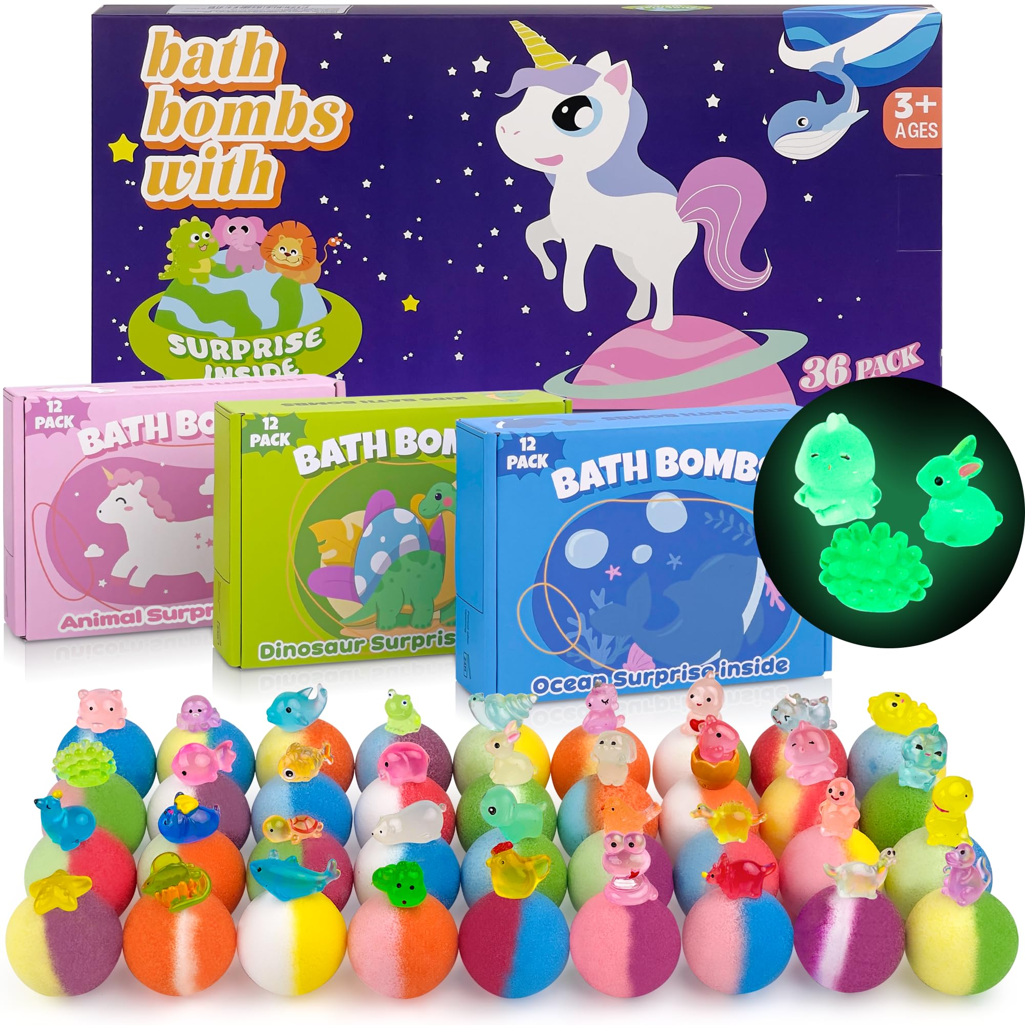 Bath Bombs for Kids, 12 Pcs Bath Bombs with Glow in The Dark Dinosura Surprise Inside, Handmade Organic Bubble Bath Ball Gift Set for Boys and Girls, Gift for Birthday Christmas Easter