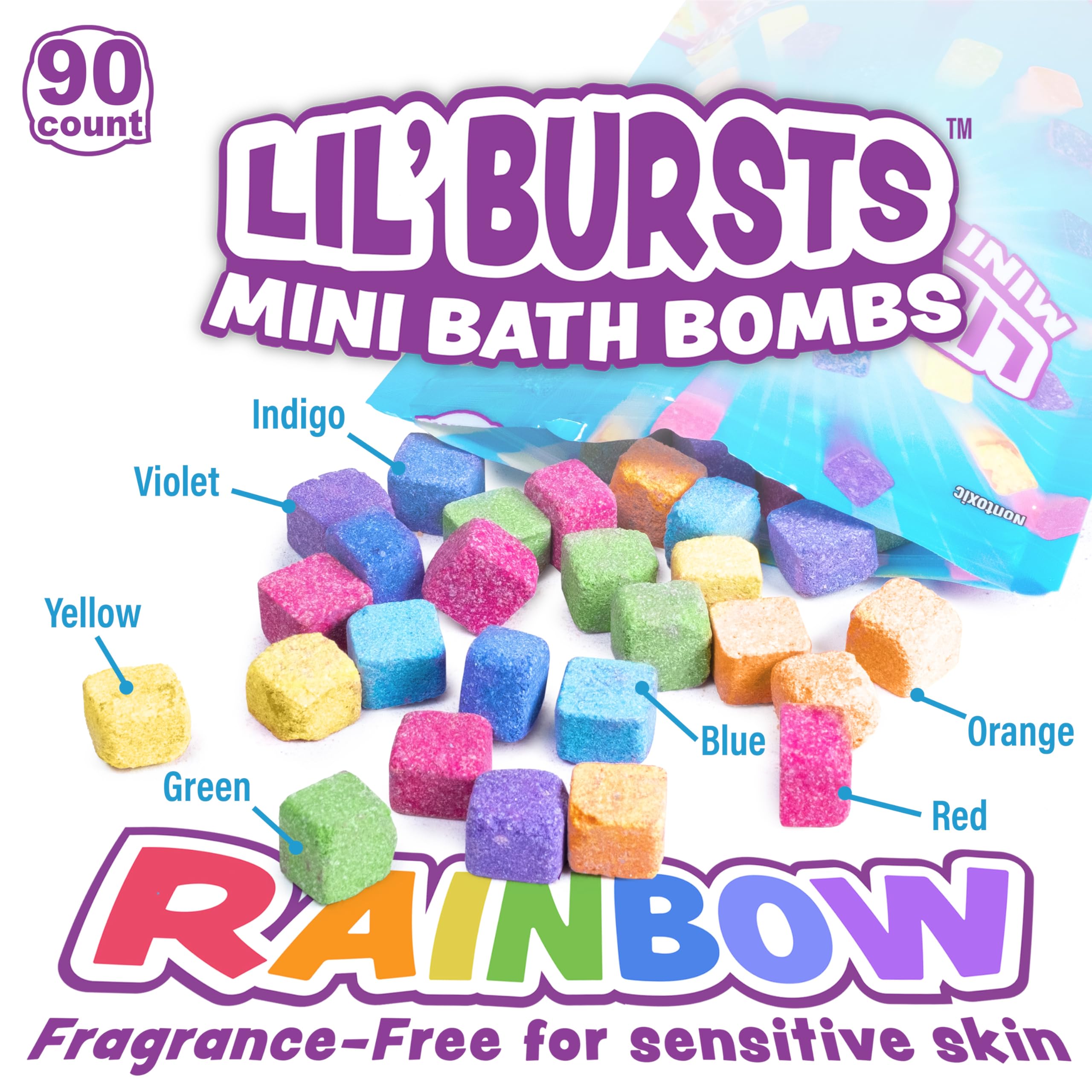 Tub Works® Lil' Bursts™ Mini Bath Bombs for Kids, 90 Count, Cosmic | Nontoxic | Tiny Kids Bath Bombs with A Burst of Color, Foam & Bubbles | Customize Kids Bath with Fun Bath Colors | Create Tub Art