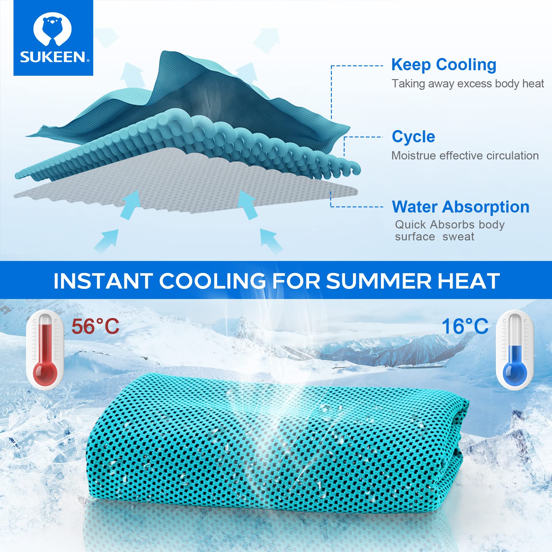 Sukeen 4 Pack Cooling Towels for Hot Weather 40"x12", Gym Towels for Men and Women, Soft Breathable Workout Towels for Yoga, Running, Sport, & More
