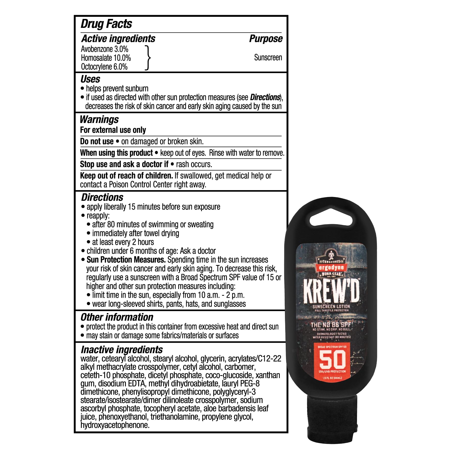 Ergodyne KREW'D 6355 Sunscreen Lotion, Broad Spectrum SPF 50, Water Resistant, 32 oz, 4-Pack, White
