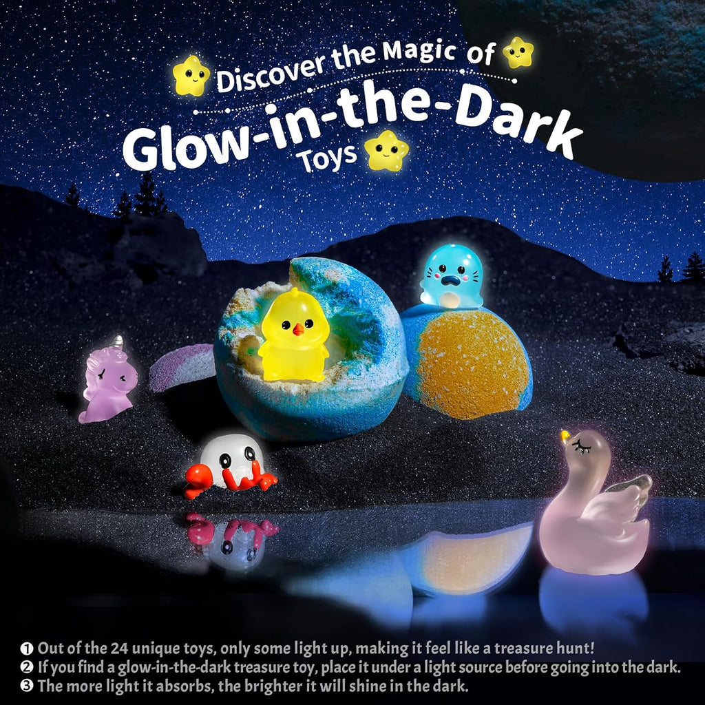 Bath Bombs for Kids with Surprise Inside – 24 Pack Handmade Bath Bombs with Glow-in-the-Dark Land & Sea Toys, Fizzy Bath Salt Balls, Birthday Party Favors for Boys and Girls