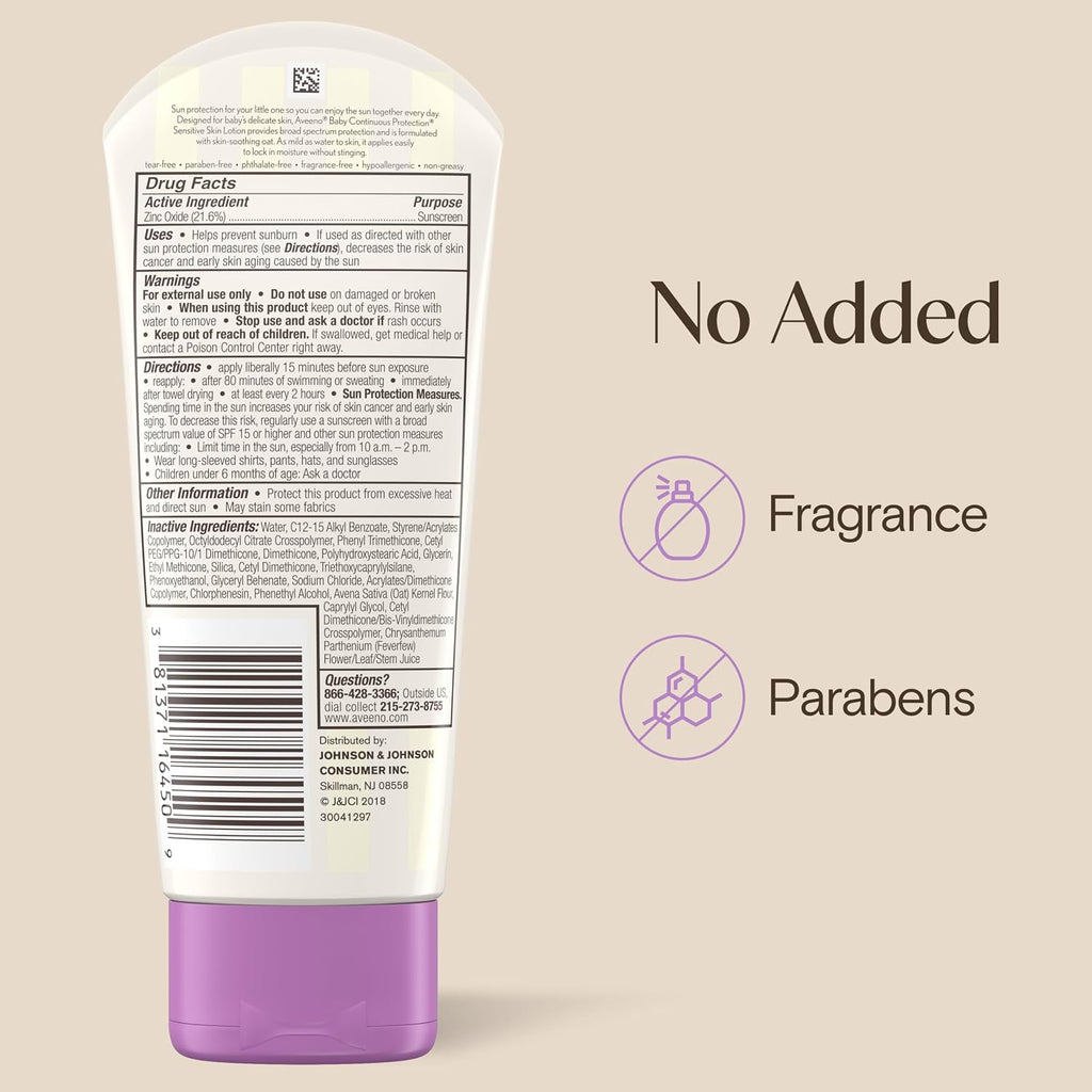 Aveeno Baby Continuous Protection Zinc Oxide SPF 50 Sunscreen for Babies with Sensitive Skin, Broad Spectrum Sun Protection, Tear-Free, Sweat- & Water-Resistant, No added Parabens, 3 Fl Oz