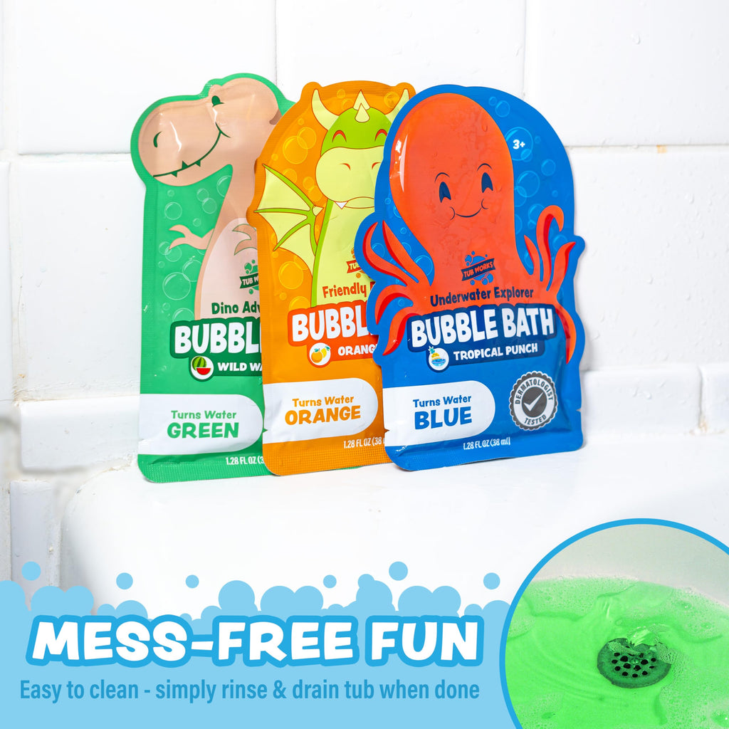 Tub Works® Magical Kids Bubble Bath, Variety 12 Pack | Creates Colorful Water & Tons of Bath Bubbles | Nontoxic | Character-Themed Bubble Bath for Kids | Green, Blue & Orange Bath Colors