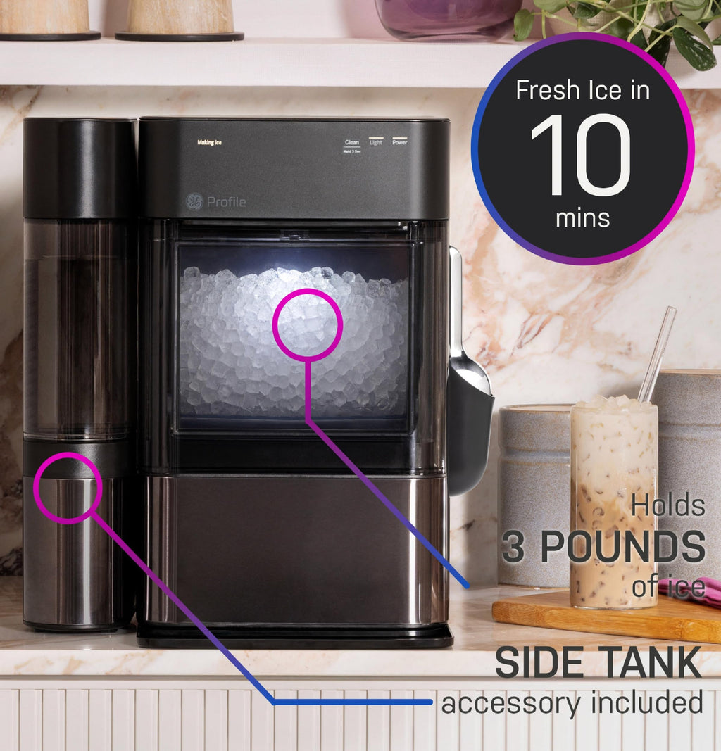 GE Profile Opal Ultra, Countertop Nugget Ice Maker, 1 Gal XL Side Tank, *Amazon Exclusive*, 38 lbs/Day, Pebble Pellet Crushed Ice Machine, WiFi Black Stainless Steel