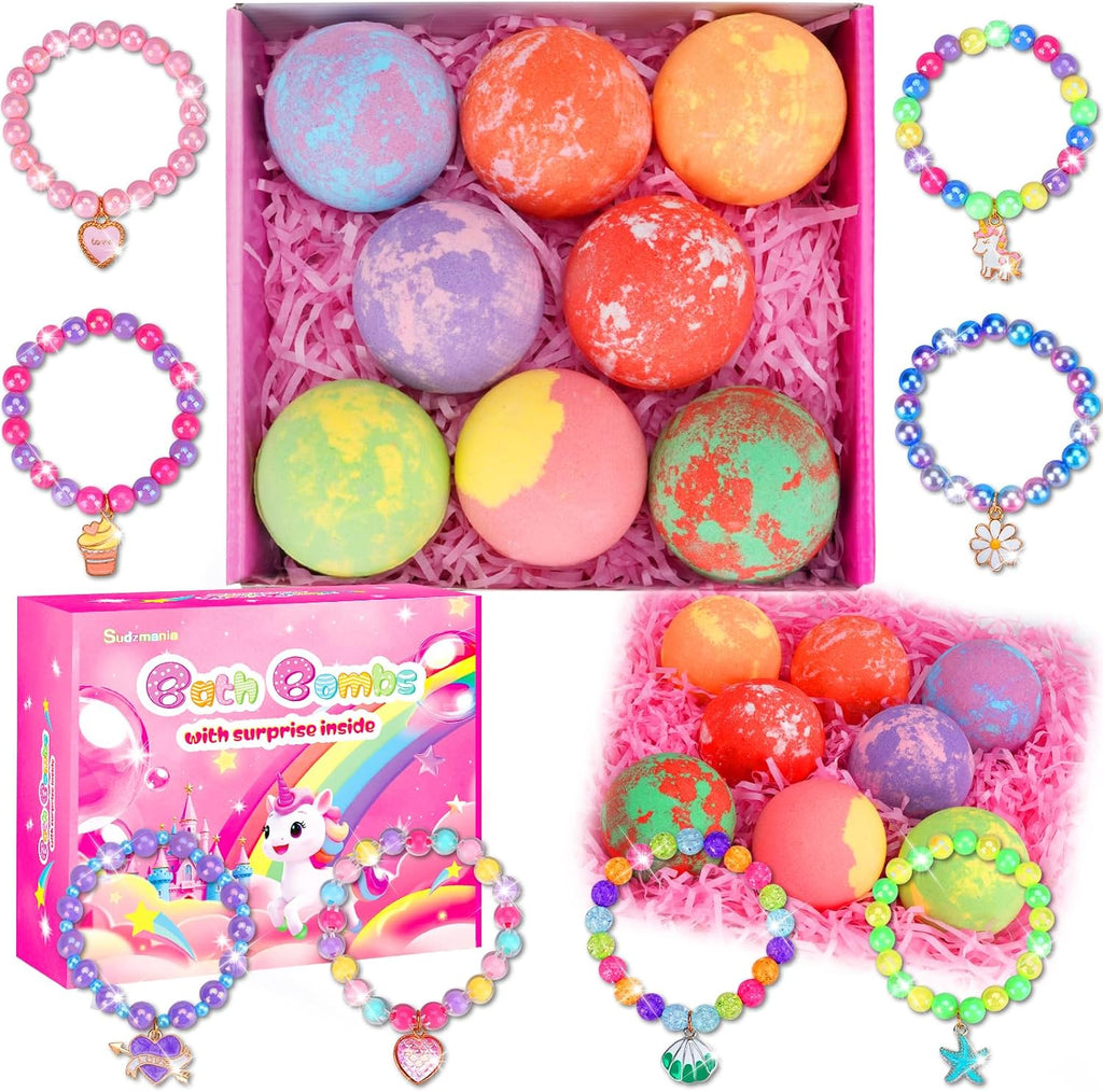 Bath Bombs for Kids with Toys Inside, 8-Pack Gift Set - Extra Large Fizzing Bath Bombs for Girls with Surprise Bracelet, Bubble Bath, Birthday Gifts for 3 4 5 6 7 8 Year Old Girl(Package May Vary)