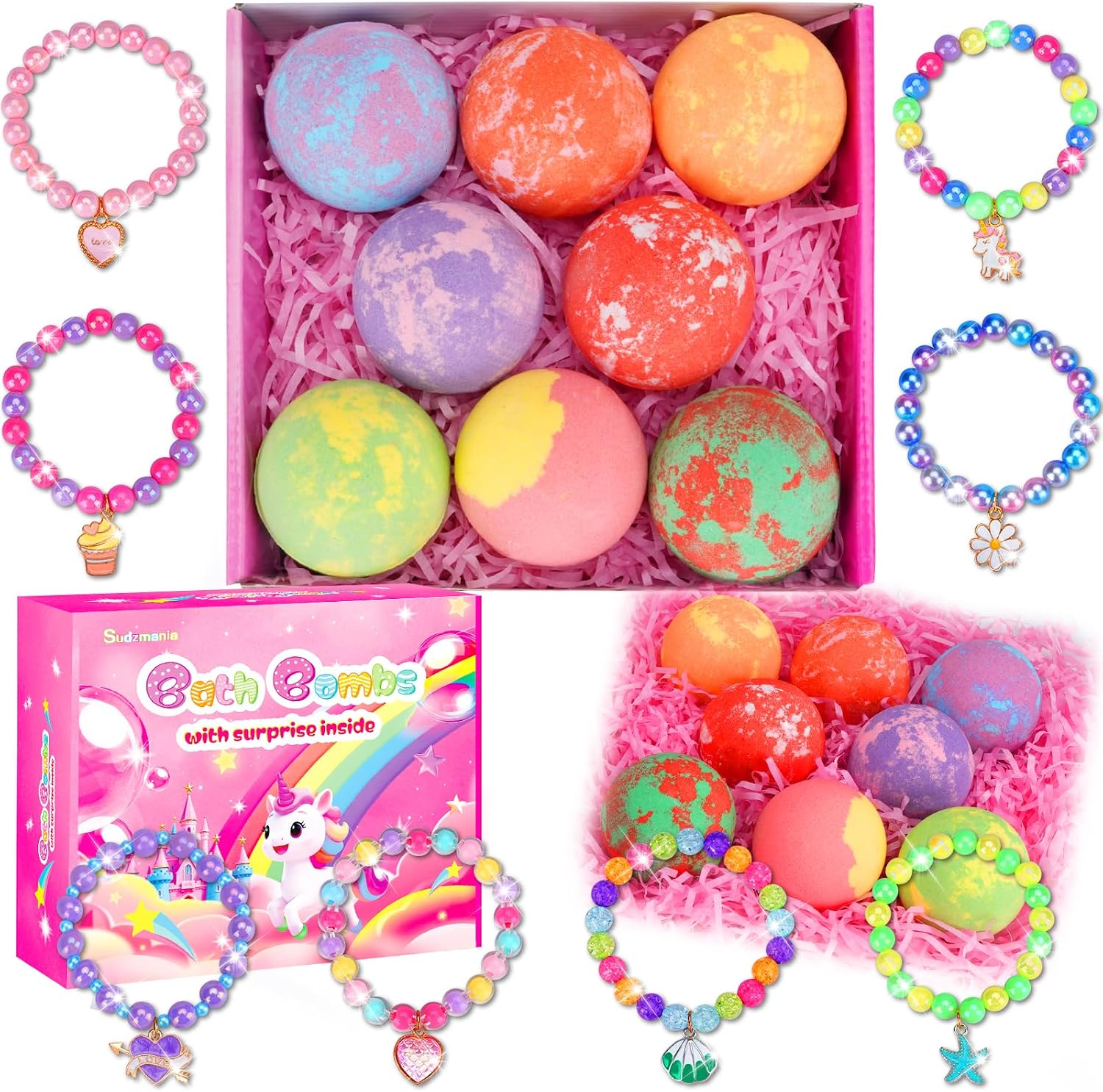 Bath Bombs for Kids with Toys Inside, 8-Pack Gift Set - Extra Large Fizzing Bath Bombs for Girls with Surprise Bracelet, Bubble Bath, Birthday Gifts for 3 4 5 6 7 8 Year Old Girl(Package May Vary)
