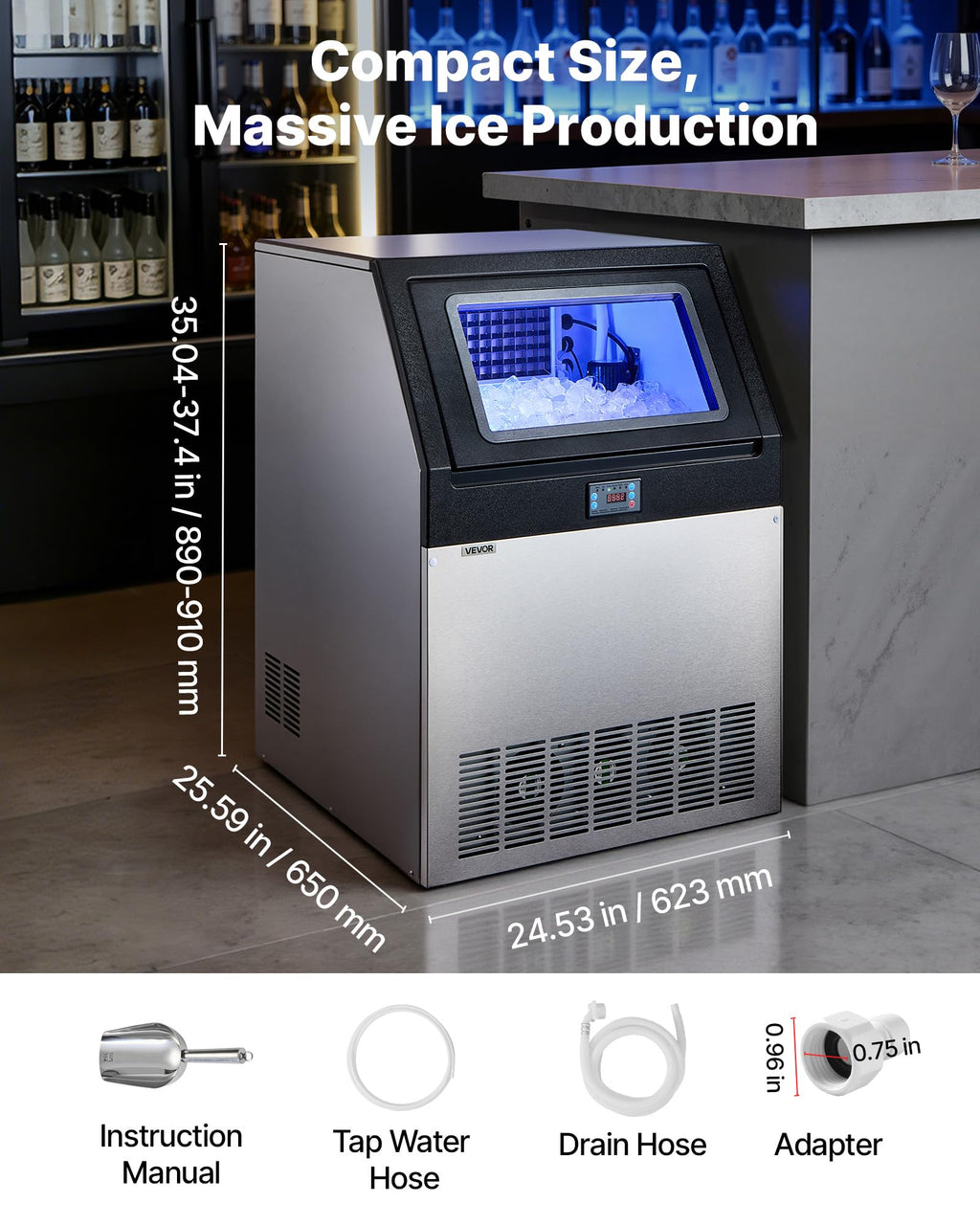 VEVOR Commercial Ice Maker Machine, 80 lbs/24h with 13 lbs Storage Capacity, Countertop/Freestanding/Under Counter, Stainless Steel Ice Maker with LED Display & Self-Cleaning, for Home Bar Restaurant