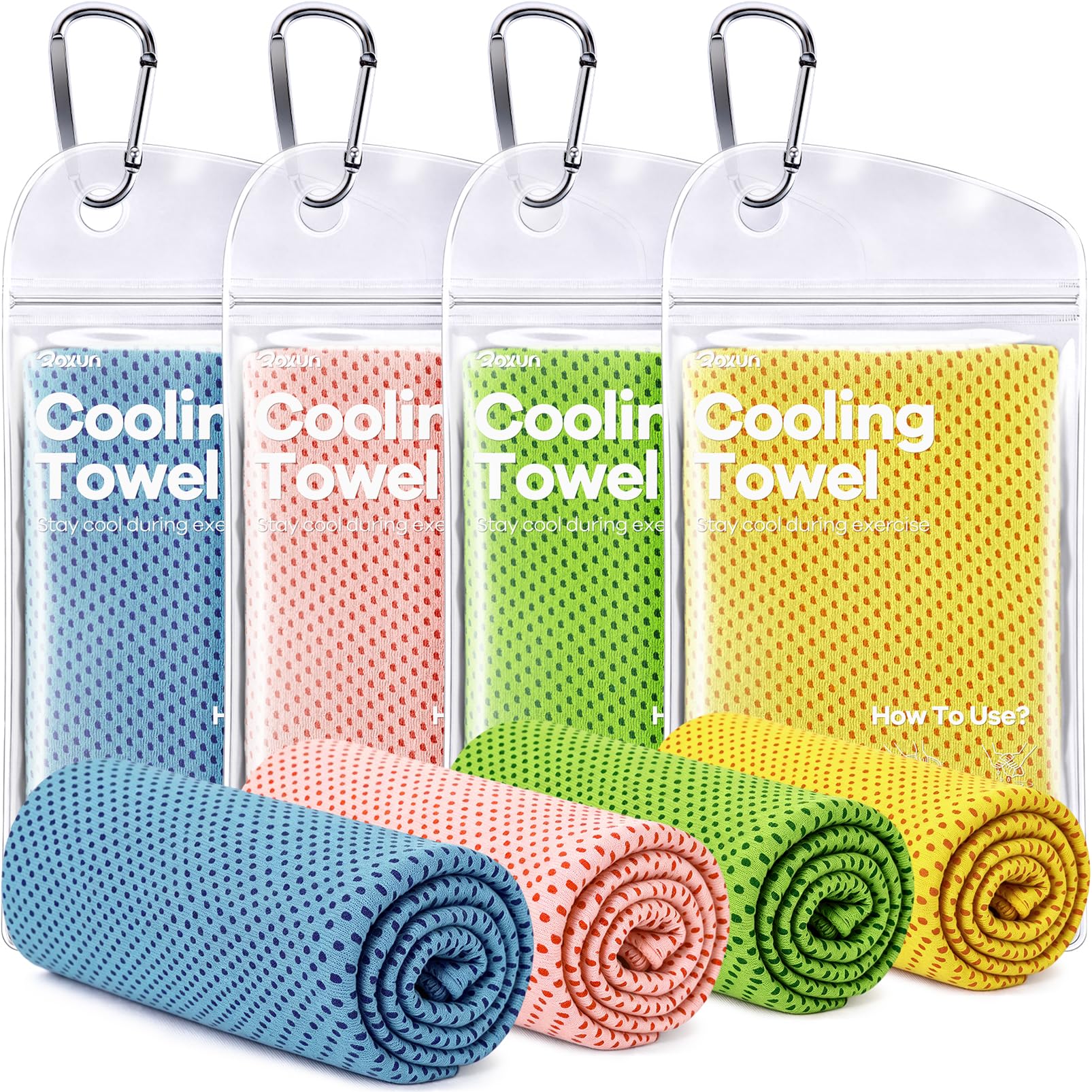 ROXUN Cooling Towels, 4 Pack (40''x12'') Chilly Ice Rags for Neck and Face | Gray+Blue+Green+Black, Soft Breathable, Sports and Outdoor Workouts, Comes with Storage Bags & Carabiners