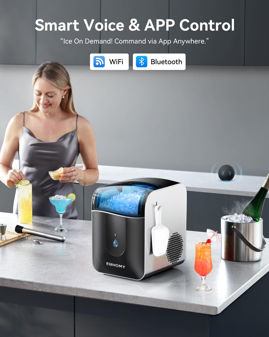 EUHOMY Ice Maker Countertop with Carry Handle, 9 Cubes Ready in 6 Mins, 26.5lbs/24H, Self-Cleaning, 2 Sizes of Bullet Ice with Basket and Scoop, Portable Ice Maker Machine for Home, Kitchen, Office
