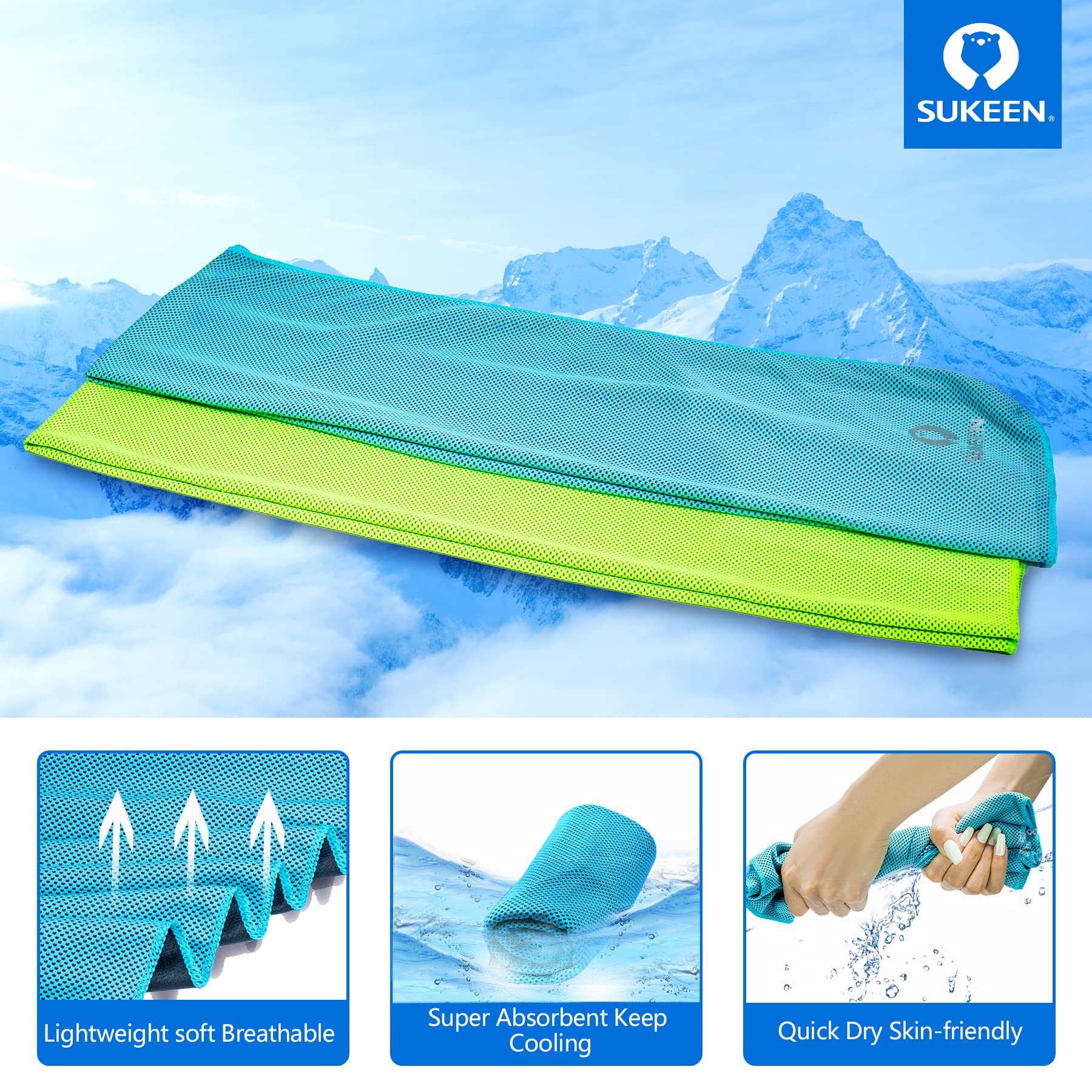 Sukeen 4Pack Cooling Towel (40"x12"),Ice Towel,Soft Breathable Chilly Towel,Microfiber Towel for Yoga,Sport,Running,Gym,Workout,Camping,Fitness,Workout & More Activities