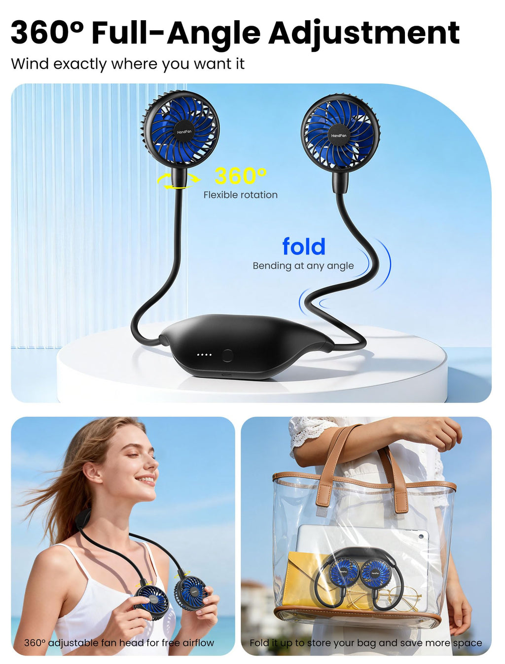 HandFan 10000mAh Neck Fan, 360° Rotation Hands Free Portable Fans for your Neck, 48h Lasting Rechargeable Battery Operated Wearable Necklace Personal Cool Fans for Travel/Disney/Sports/Cycling/Hiking