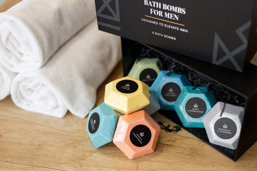 Bath Bombs for Men – 8 Large Diamond Shape Natural Mens Bath Bombs | Relaxing Bubble Bath Set & Bubble Bath Balls for Men | Masculine Scents & Skin Soothing Gift Set