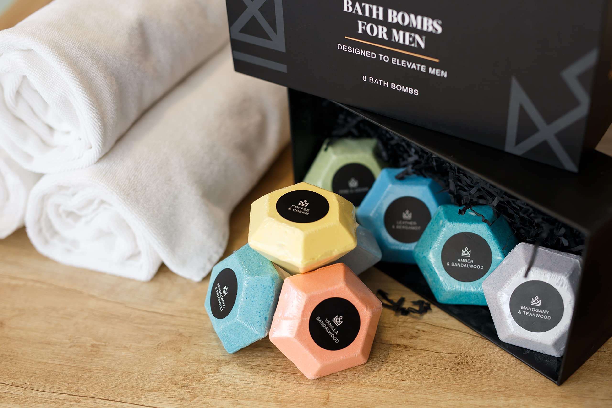 Bath Bombs for Men – 8 Large Diamond Shape Natural Mens Bath Bombs | Relaxing Bubble Bath Set & Bubble Bath Balls for Men | Masculine Scents & Skin Soothing Gift Set