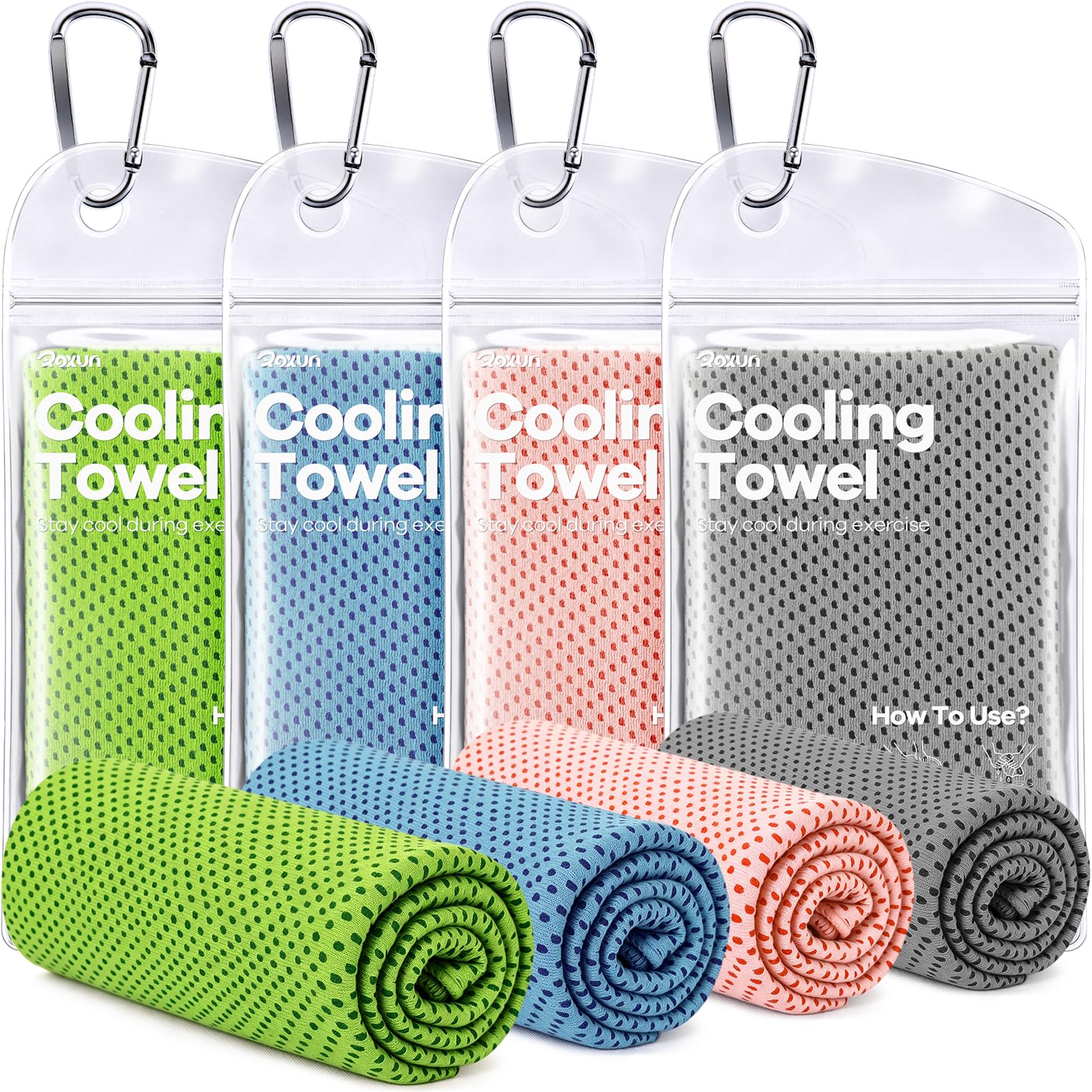 ROXUN Cooling Towels, 4 Pack (40''x12'') Chilly Ice Rags for Neck and Face | Gray+Blue+Green+Black, Soft Breathable, Sports and Outdoor Workouts, Comes with Storage Bags & Carabiners
