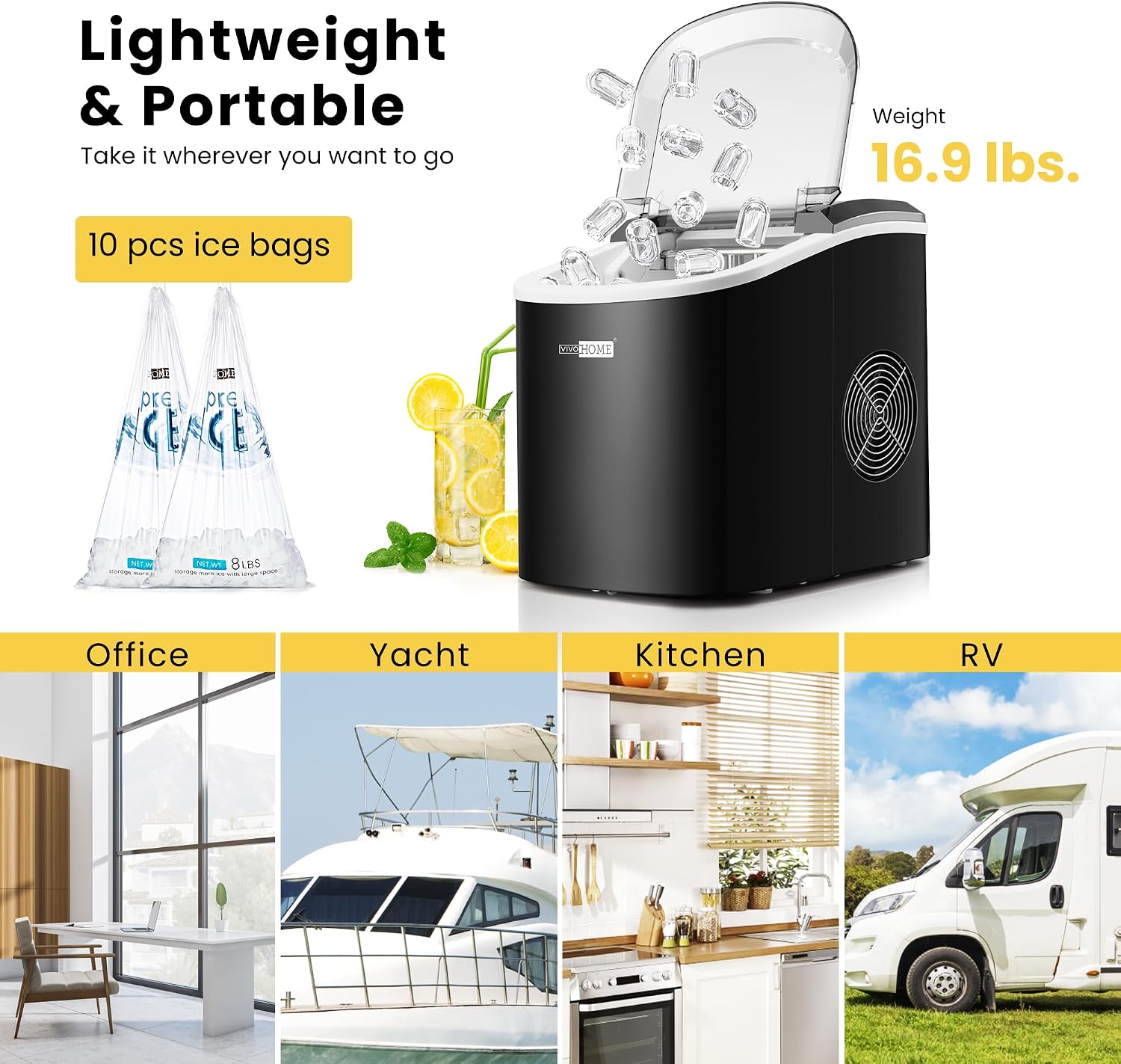 VIVOHOME Electric Portable Compact Countertop Automatic Ice Cube Maker Machine with Hand Scoop 10 Ice Bags and Self Cleaning Function 27lbs/Day Black