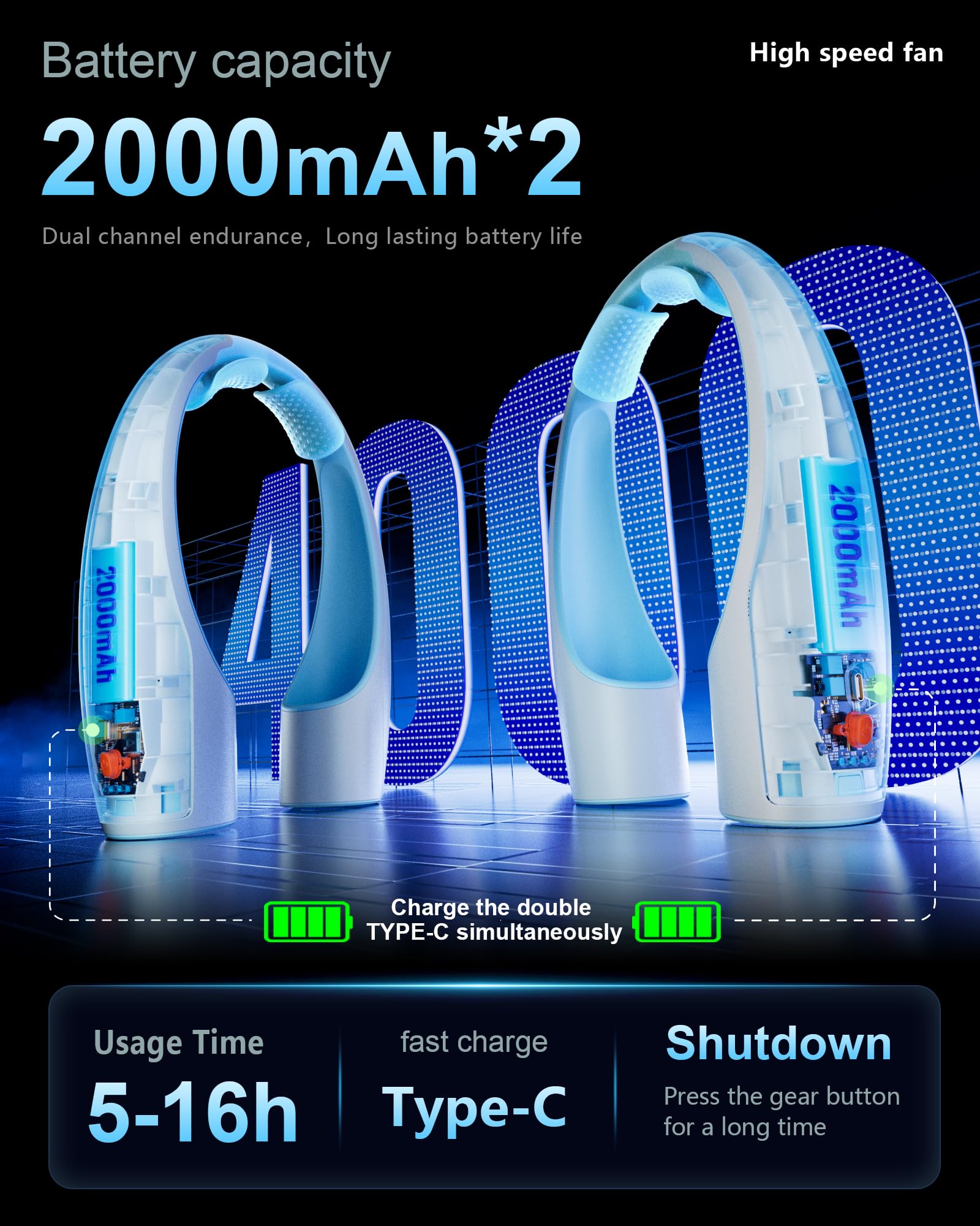 Heelkl AI Neck Fan, 4 Speeds Adjustable Portable Personal Fan Rechargeable, 4000 mAh Battery Faster Cooling Wearable Fan, Ultra Quiet for Home, Office, Travel, Outdoor