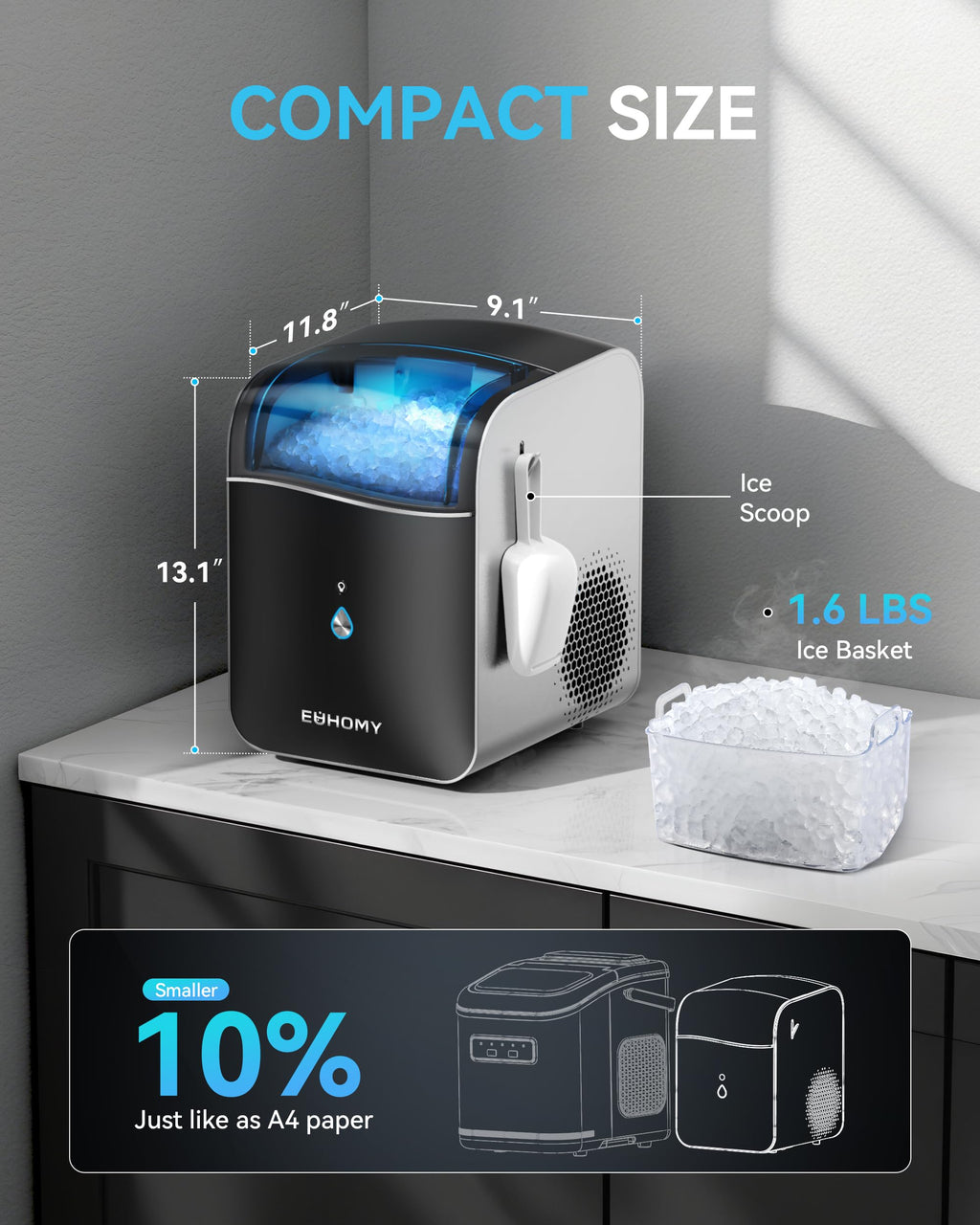 EUHOMY Ice Maker Countertop with Carry Handle, 9 Cubes Ready in 6 Mins, 26.5lbs/24H, Self-Cleaning, 2 Sizes of Bullet Ice with Basket and Scoop, Portable Ice Maker Machine for Home, Kitchen, Office