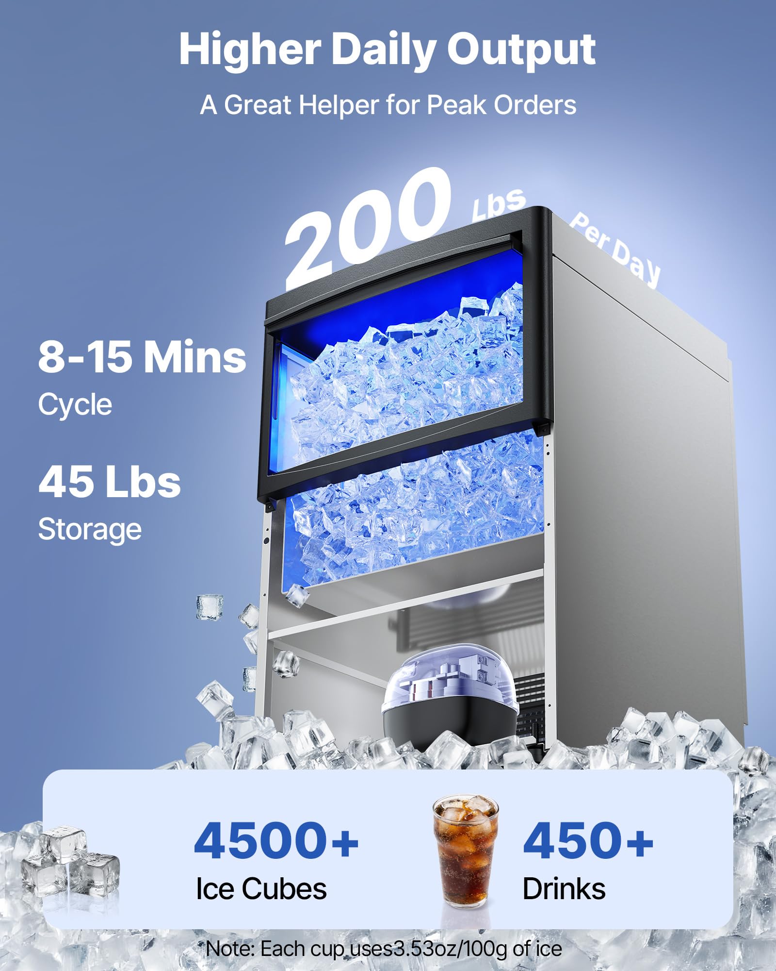 VEVOR Commercial Ice Maker Machine, 80 lbs/24h with 13 lbs Storage Capacity, Countertop/Freestanding/Under Counter, Stainless Steel Ice Maker with LED Display & Self-Cleaning, for Home Bar Restaurant