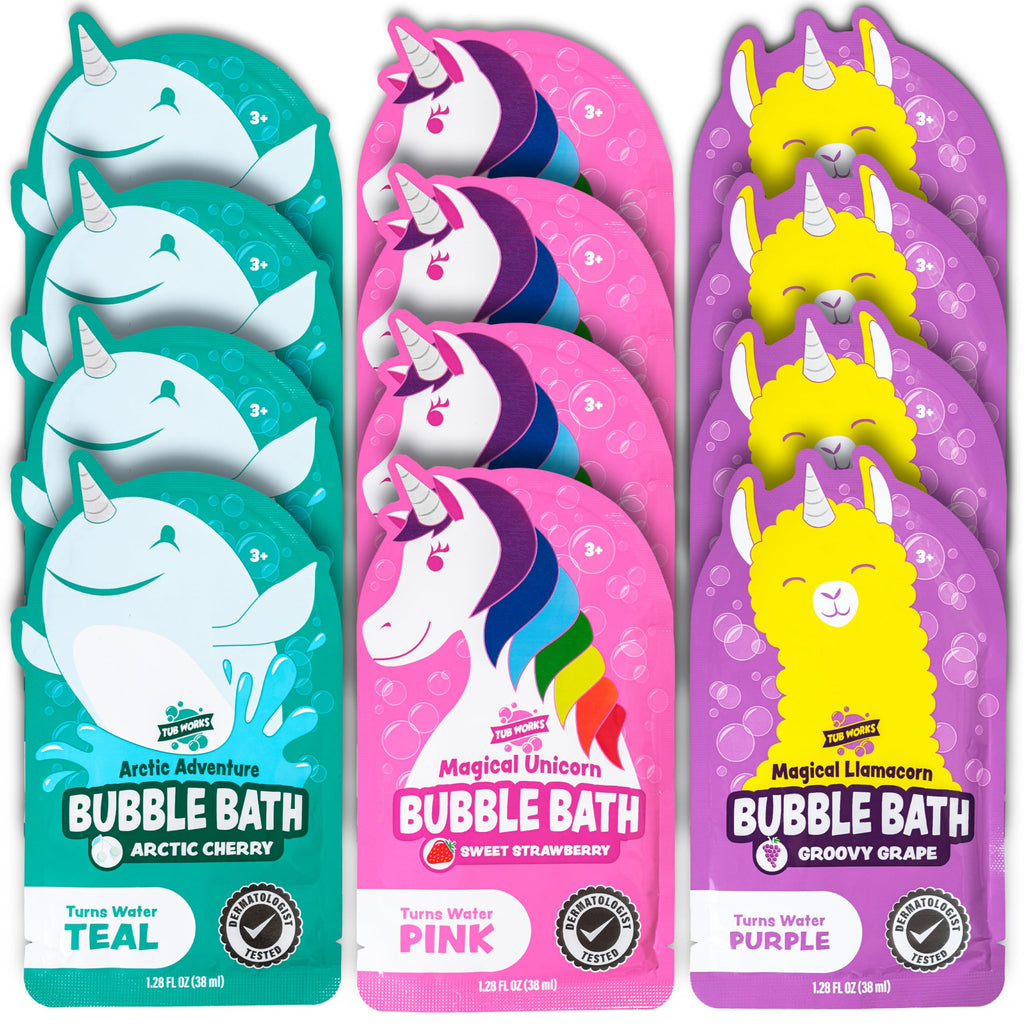 Tub Works® Magical Kids Bubble Bath, Variety 12 Pack | Creates Colorful Water & Tons of Bath Bubbles | Nontoxic | Character-Themed Bubble Bath for Kids | Green, Blue & Orange Bath Colors