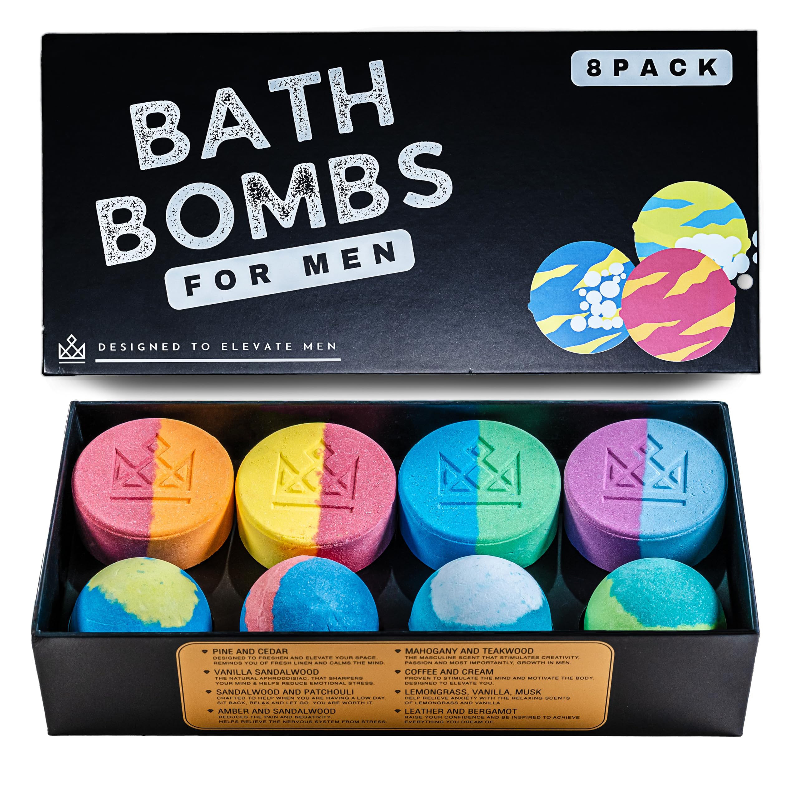 Bath Bombs for Men – 8 Large Diamond Shape Natural Mens Bath Bombs | Relaxing Bubble Bath Set & Bubble Bath Balls for Men | Masculine Scents & Skin Soothing Gift Set