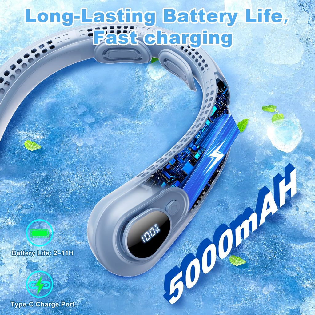 Portable Neck Fan Rechargeable - [with LED Display] 5 Speeds, 5000 mAh Battery Operated Wearable Personal Cooling Bladeless Fan for Outdoor Travel, Gifts for Men Women Kids,Gray
