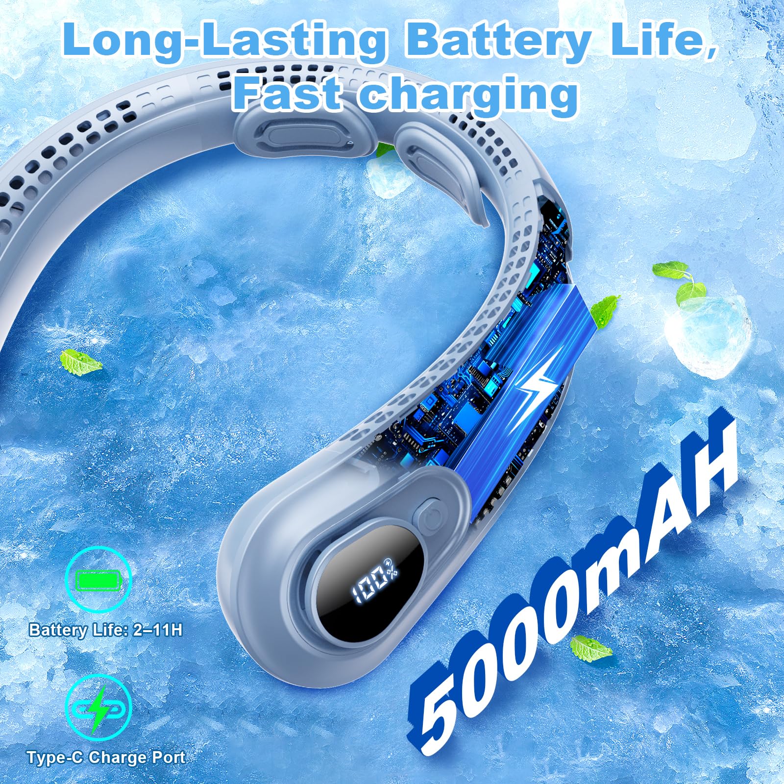 Portable Neck Fan Rechargeable - [with LED Display] 5 Speeds, 5000 mAh Battery Operated Wearable Personal Cooling Bladeless Fan for Outdoor Travel, Gifts for Men Women Kids,Gray
