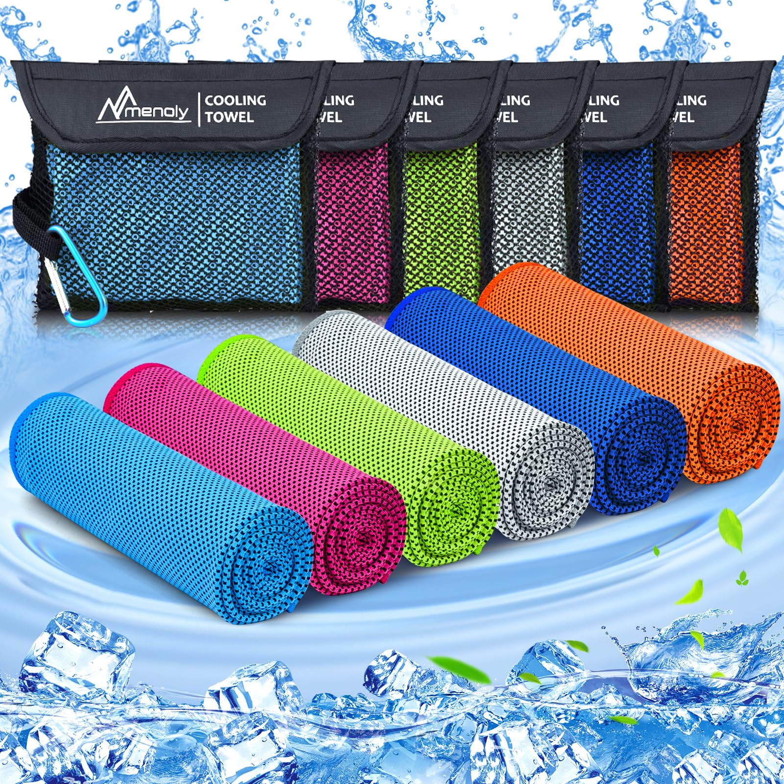MENOLY 10 Pack Cooling Towels, 40"x12" Cooling Towels for Neck and Face with Breathable Carrying Bags,Soft Microfiber Instant Cooling Rags, Gym Workout Sweat Towel for Sports, Yoga, Camping, Running