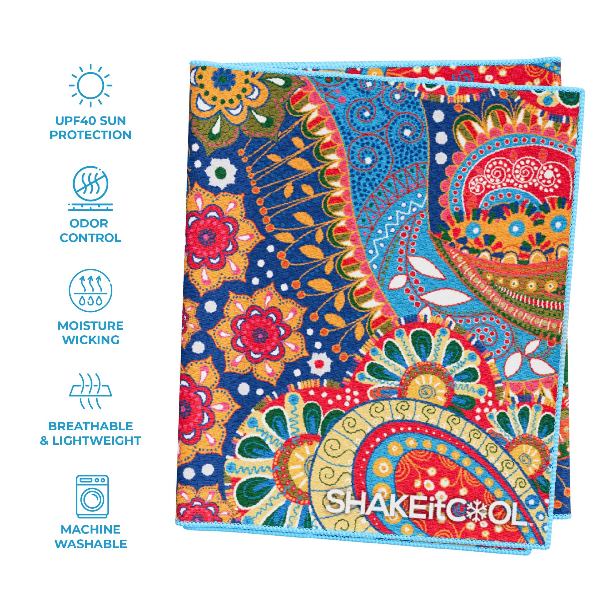 SHAKEitCOOL Extended Size Cooling Towel – Be Cool in Style - Heat Relief, Soft, Lightweight, Sun Protection, Easy Clean - Perfect for Biking, Hiking, Running, Yoga, Golf - Blue Purple Wave M