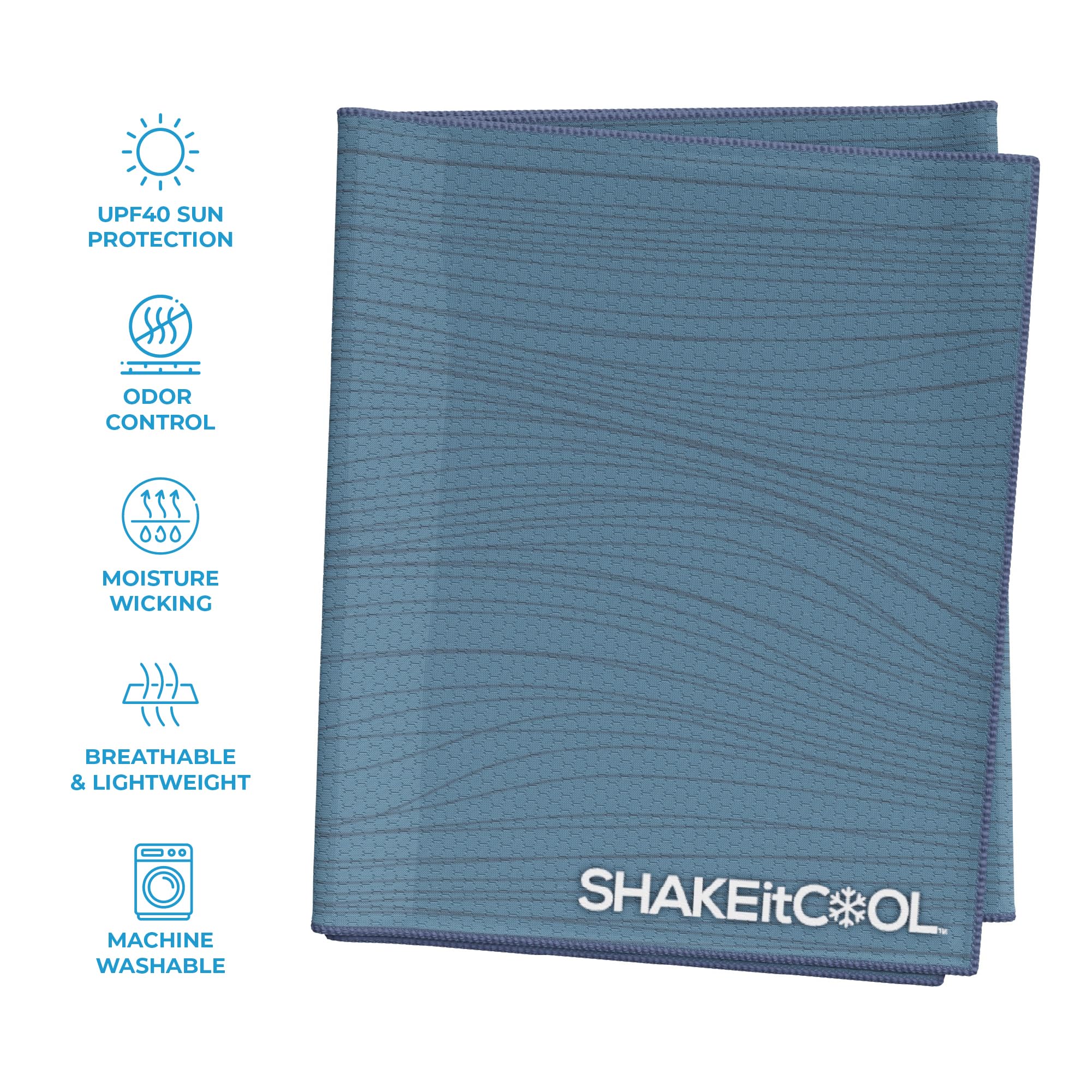 SHAKEitCOOL Extended Size Cooling Towel – Be Cool in Style - Heat Relief, Soft, Lightweight, Sun Protection, Easy Clean - Perfect for Biking, Hiking, Running, Yoga, Golf - Blue Purple Wave M