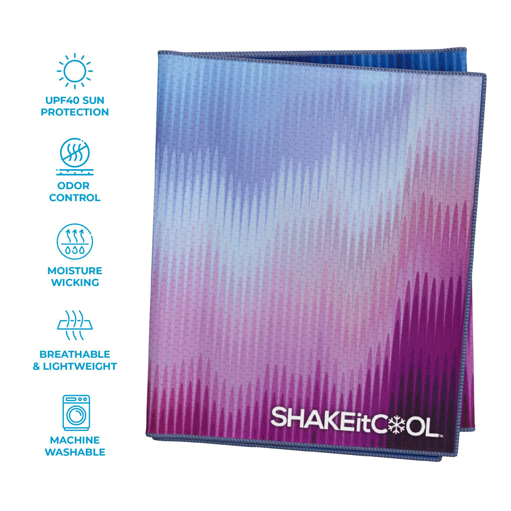 SHAKEitCOOL Extended Size Cooling Towel – Be Cool in Style - Heat Relief, Soft, Lightweight, Sun Protection, Easy Clean - Perfect for Biking, Hiking, Running, Yoga, Golf - Blue Purple Wave M