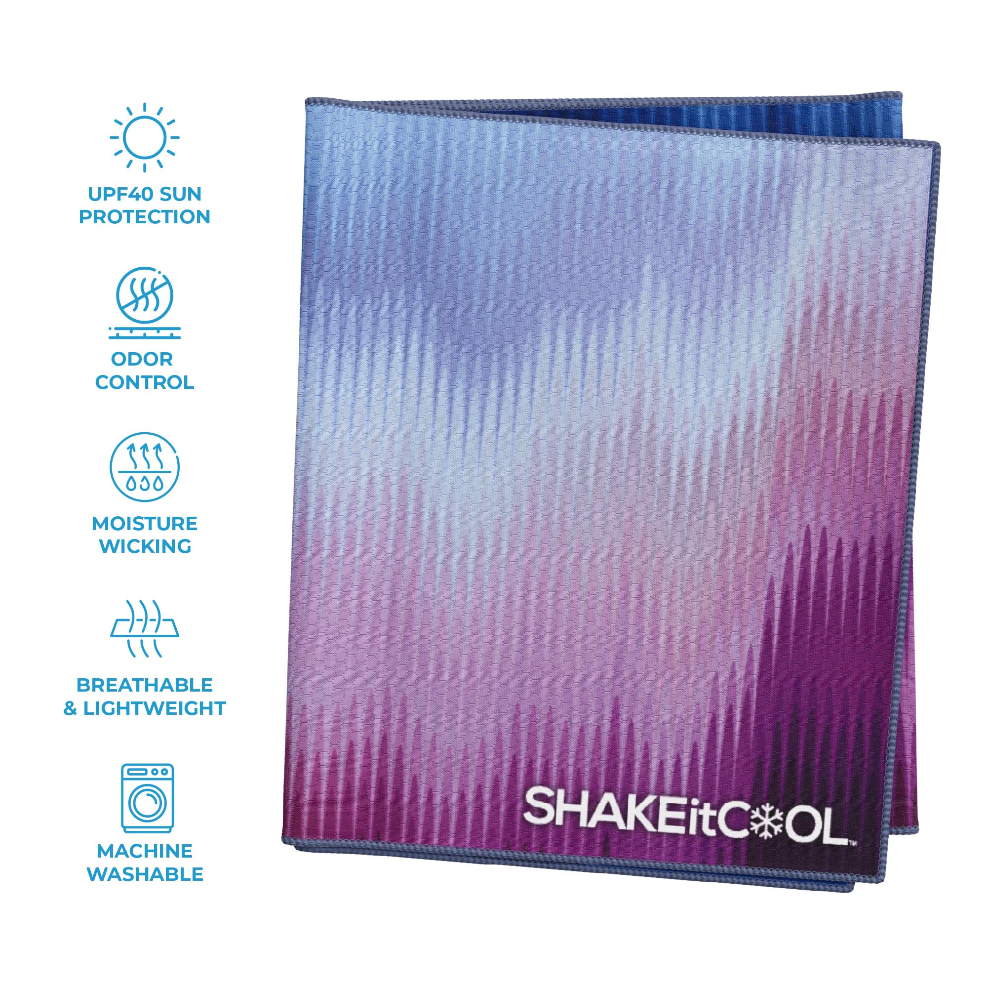 SHAKEitCOOL Extended Size Cooling Towel – Be Cool in Style - Heat Relief, Soft, Lightweight, Sun Protection, Easy Clean - Perfect for Biking, Hiking, Running, Yoga, Golf - Blue Purple Wave M