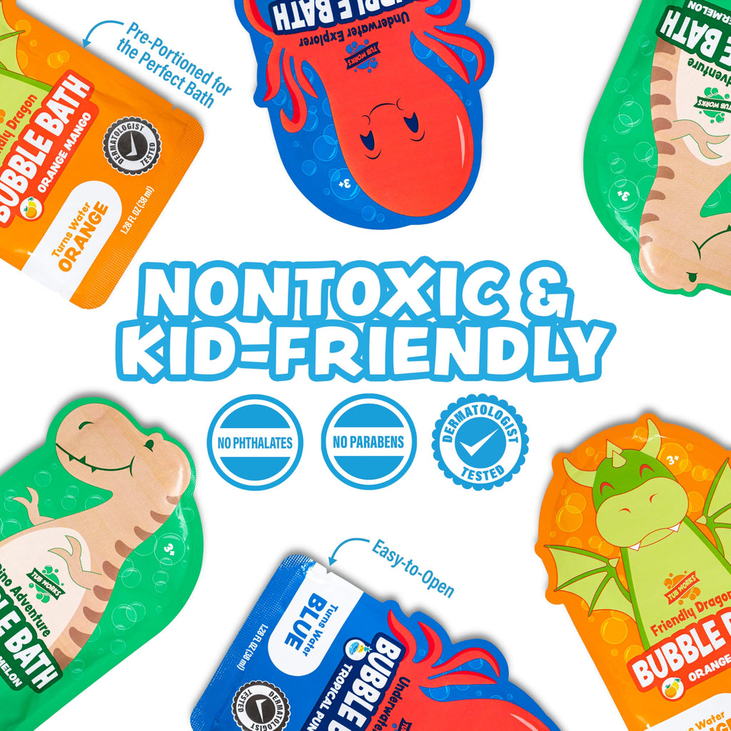 Tub Works® Magical Kids Bubble Bath, Variety 12 Pack | Creates Colorful Water & Tons of Bath Bubbles | Nontoxic | Character-Themed Bubble Bath for Kids | Green, Blue & Orange Bath Colors