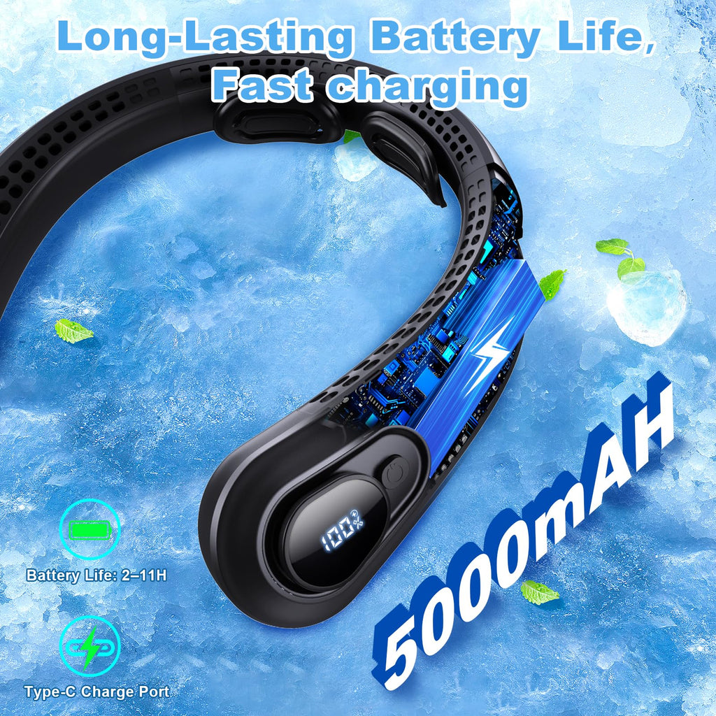 Portable Neck Fan Rechargeable - [with LED Display] 5 Speeds, 5000 mAh Battery Operated Wearable Personal Cooling Bladeless Fan for Outdoor Travel, Gifts for Men Women Kids,Gray