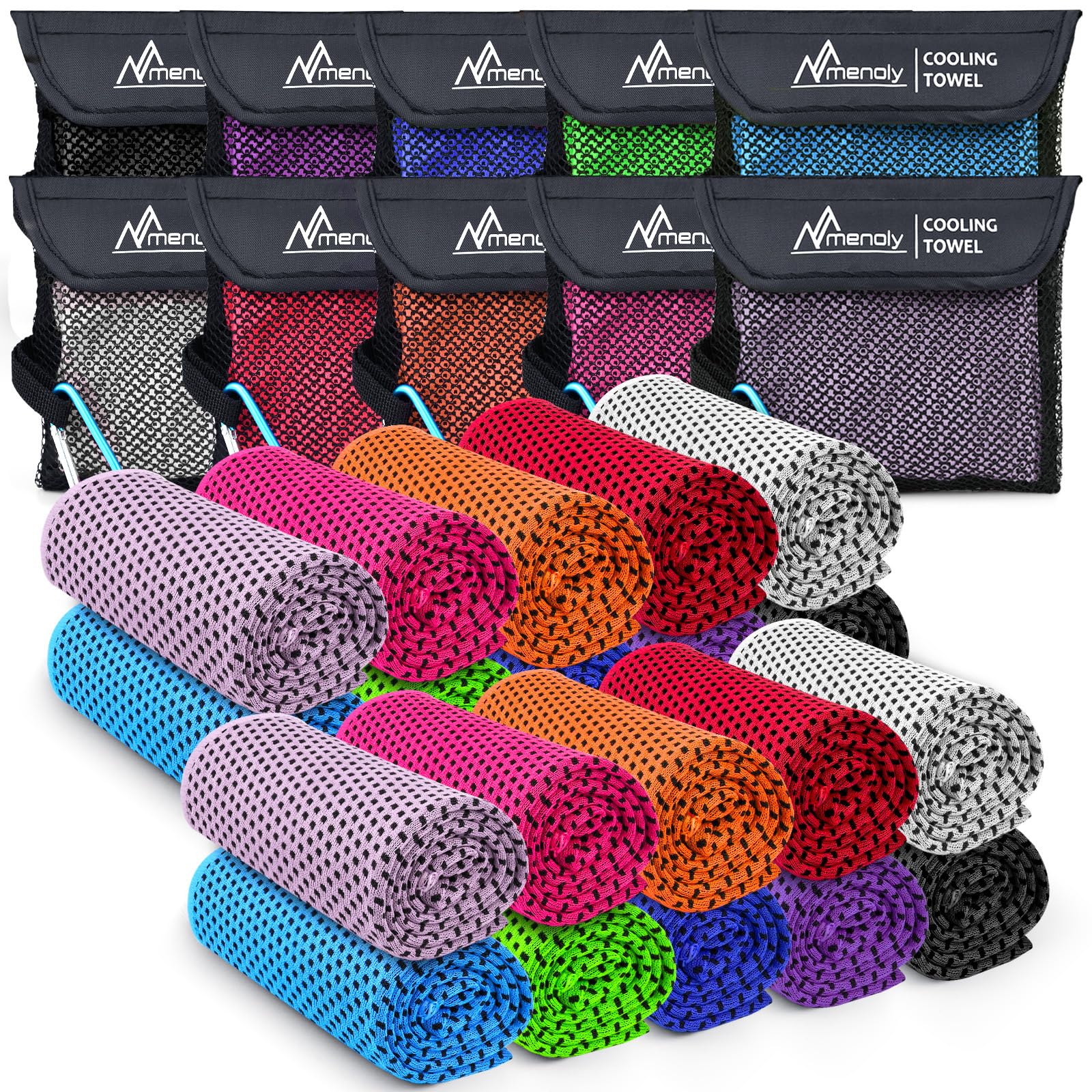 MENOLY 10 Pack Cooling Towels, 40"x12" Cooling Towels for Neck and Face with Breathable Carrying Bags,Soft Microfiber Instant Cooling Rags, Gym Workout Sweat Towel for Sports, Yoga, Camping, Running