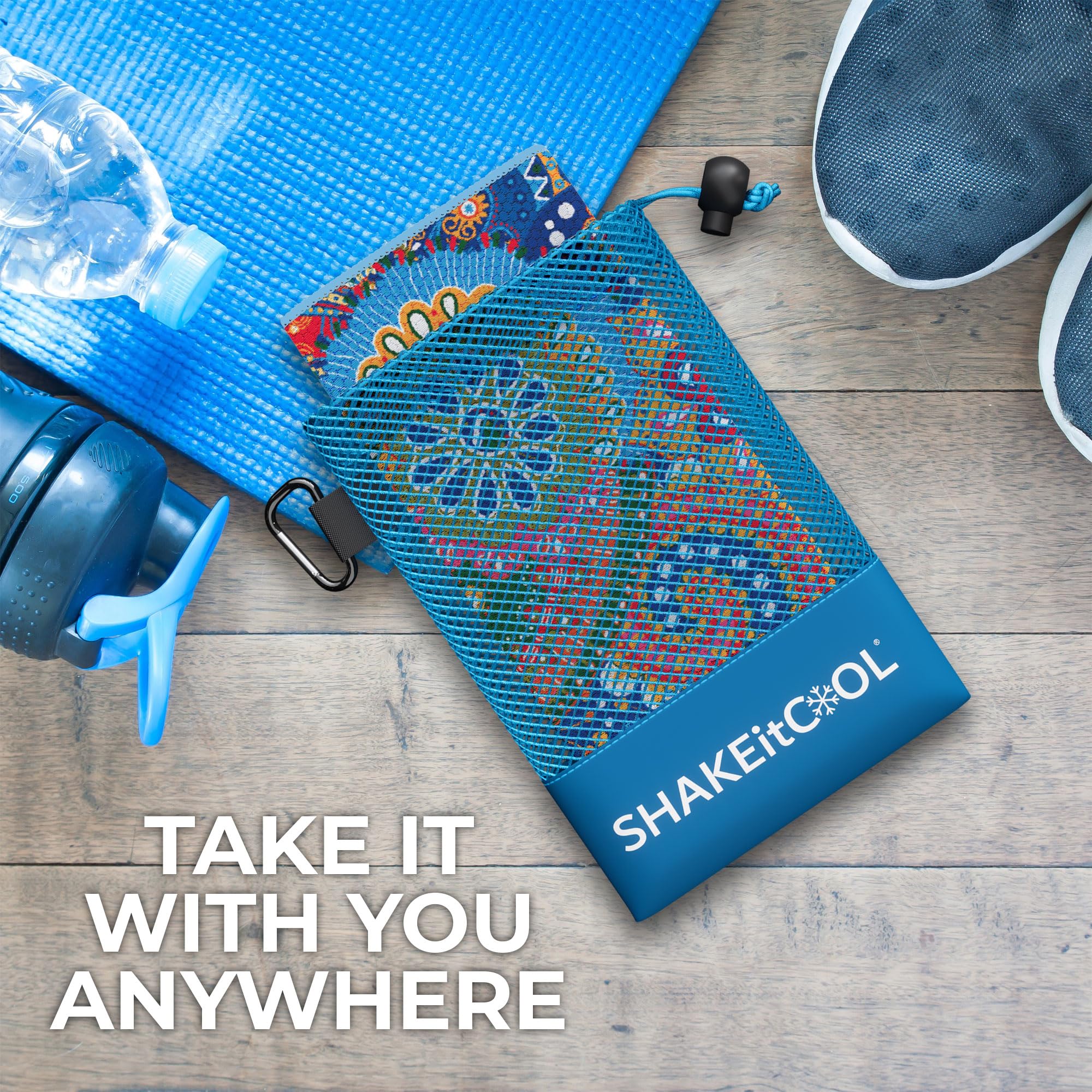 SHAKEitCOOL Extended Size Cooling Towel – Be Cool in Style - Heat Relief, Soft, Lightweight, Sun Protection, Easy Clean - Perfect for Biking, Hiking, Running, Yoga, Golf - Blue Purple Wave M