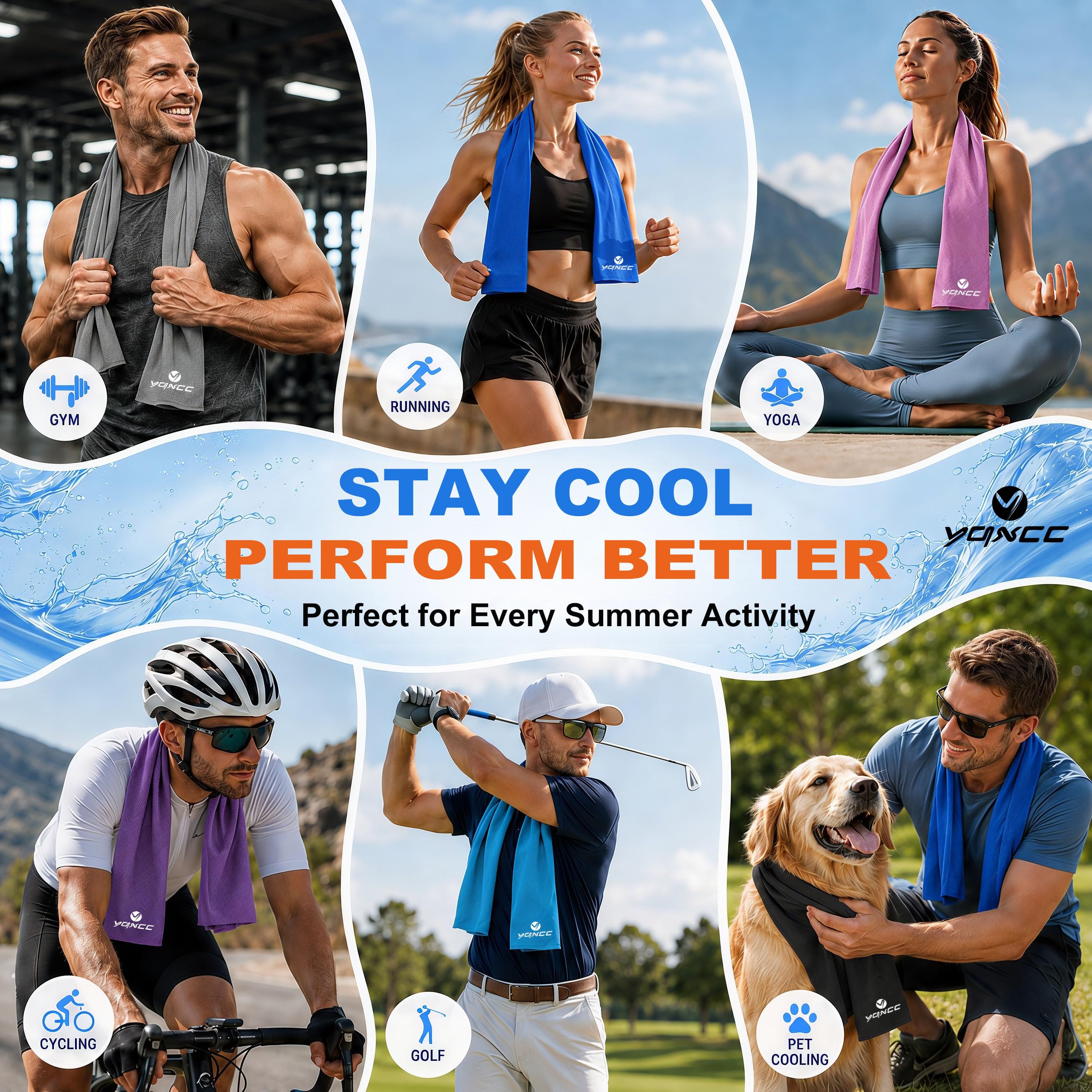 YQXCC 4 Pack Cooling Towels (47"x12"), Ice Cool Neck Towel, Soft Breathable Microfiber for Yoga, Golf, Gym, Running, Camping & Hot Weather