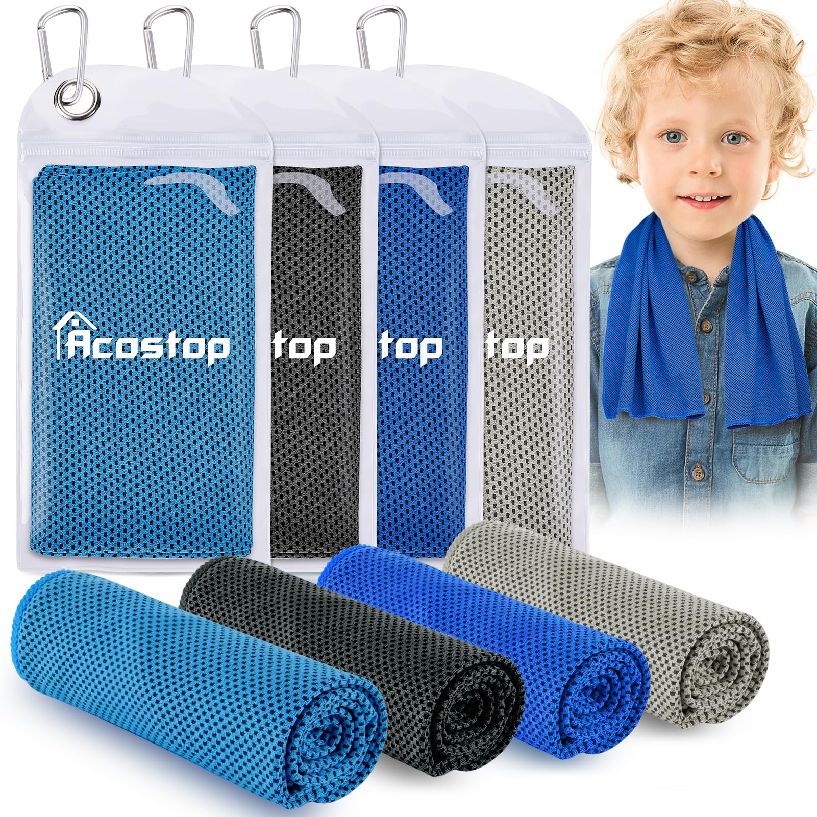 4 Pack Mini Cooling Towels (30"x9") - Kids Cooling Towel, Soft Breathable Cooling Neck Wraps with UPF 50 Sun Protection for Boys Girls Running Exercise Parent-child Activities School Outdoor Sports