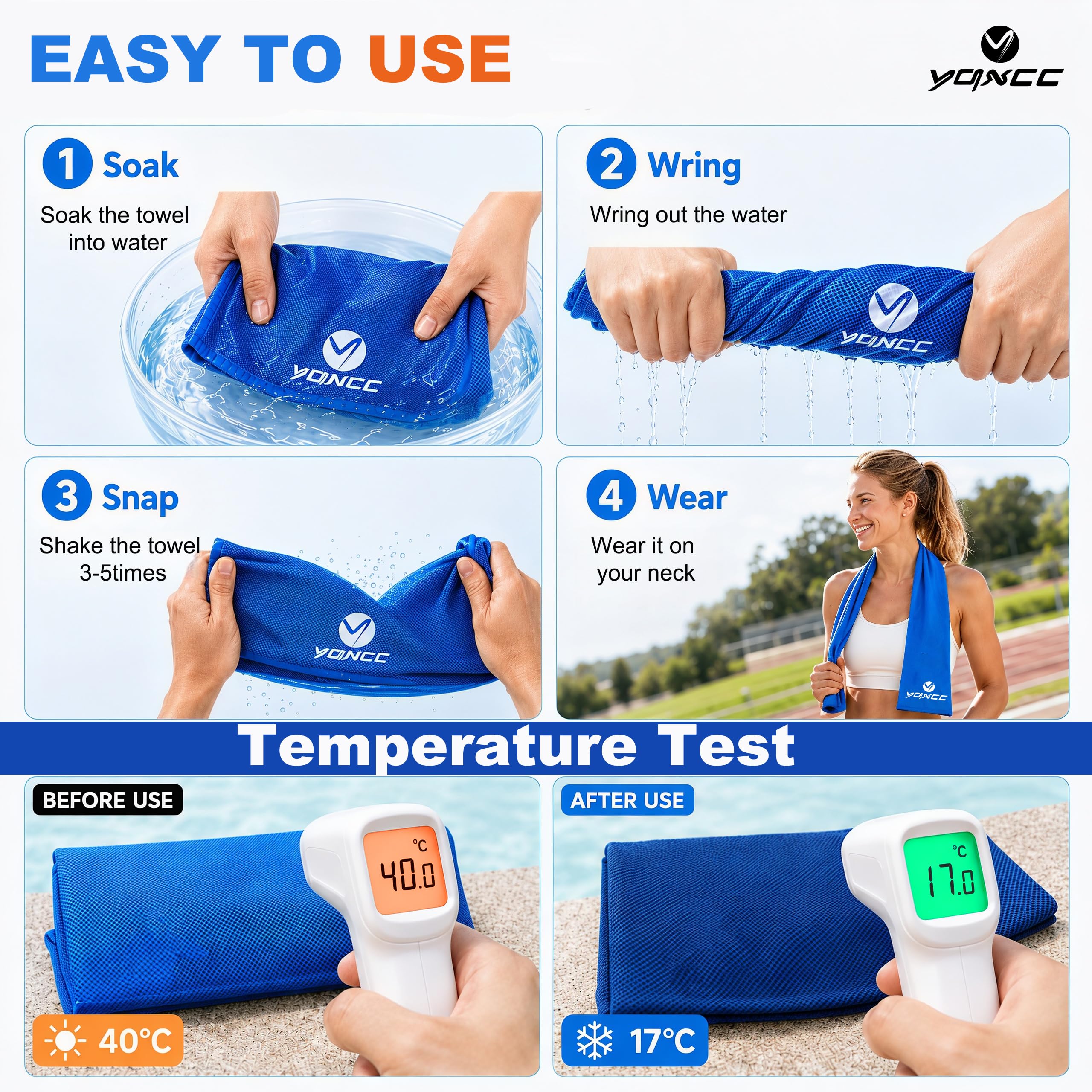 YQXCC 4 Pack Cooling Towels (47"x12"), Ice Cool Neck Towel, Soft Breathable Microfiber for Yoga, Golf, Gym, Running, Camping & Hot Weather