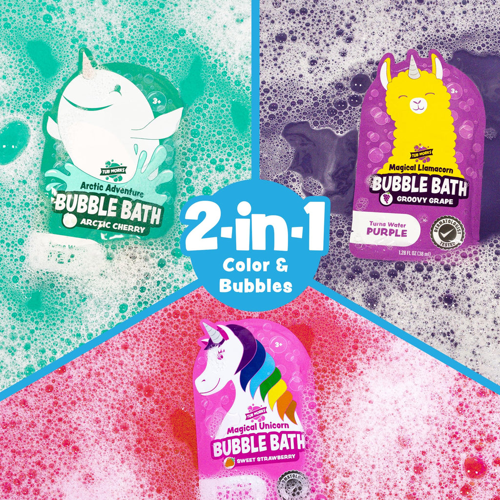 Tub Works® Magical Kids Bubble Bath, Variety 12 Pack | Creates Colorful Water & Tons of Bath Bubbles | Nontoxic | Character-Themed Bubble Bath for Kids | Green, Blue & Orange Bath Colors