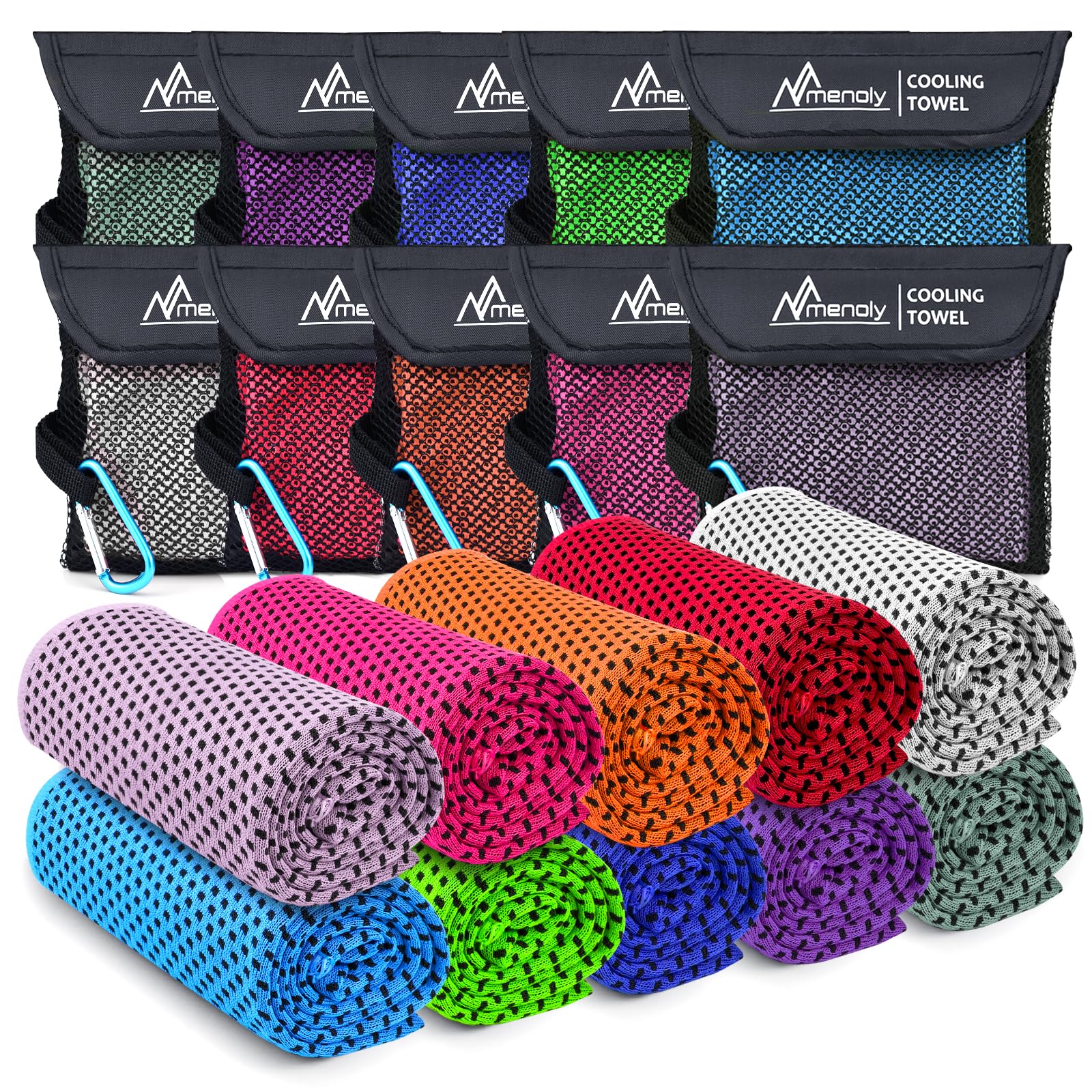 MENOLY 10 Pack Cooling Towels, 40"x12" Cooling Towels for Neck and Face with Breathable Carrying Bags,Soft Microfiber Instant Cooling Rags, Gym Workout Sweat Towel for Sports, Yoga, Camping, Running