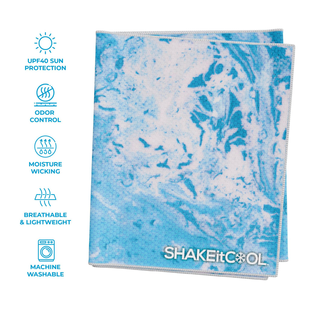 SHAKEitCOOL Extended Size Cooling Towel – Be Cool in Style - Heat Relief, Soft, Lightweight, Sun Protection, Easy Clean - Perfect for Biking, Hiking, Running, Yoga, Golf - Blue Purple Wave M