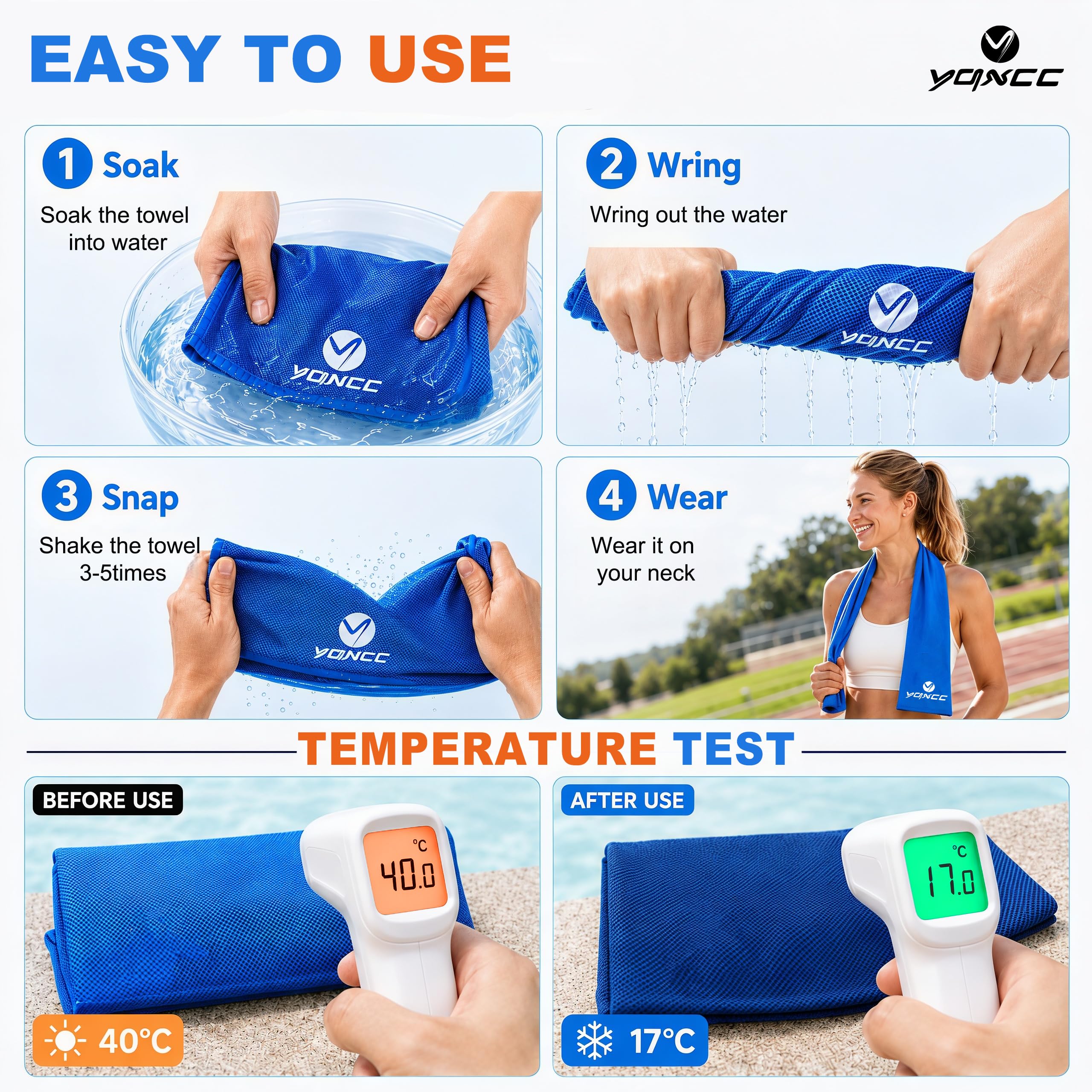 YQXCC 4 Pack Cooling Towels 40"x12", Cool Ice Towels for Neck & Face | Cooling Neck Wraps, Soft Breathable Microfiber Chilly Towels, Ideal for Gym, Yoga, Golf, Running, Camping & Hot Weather