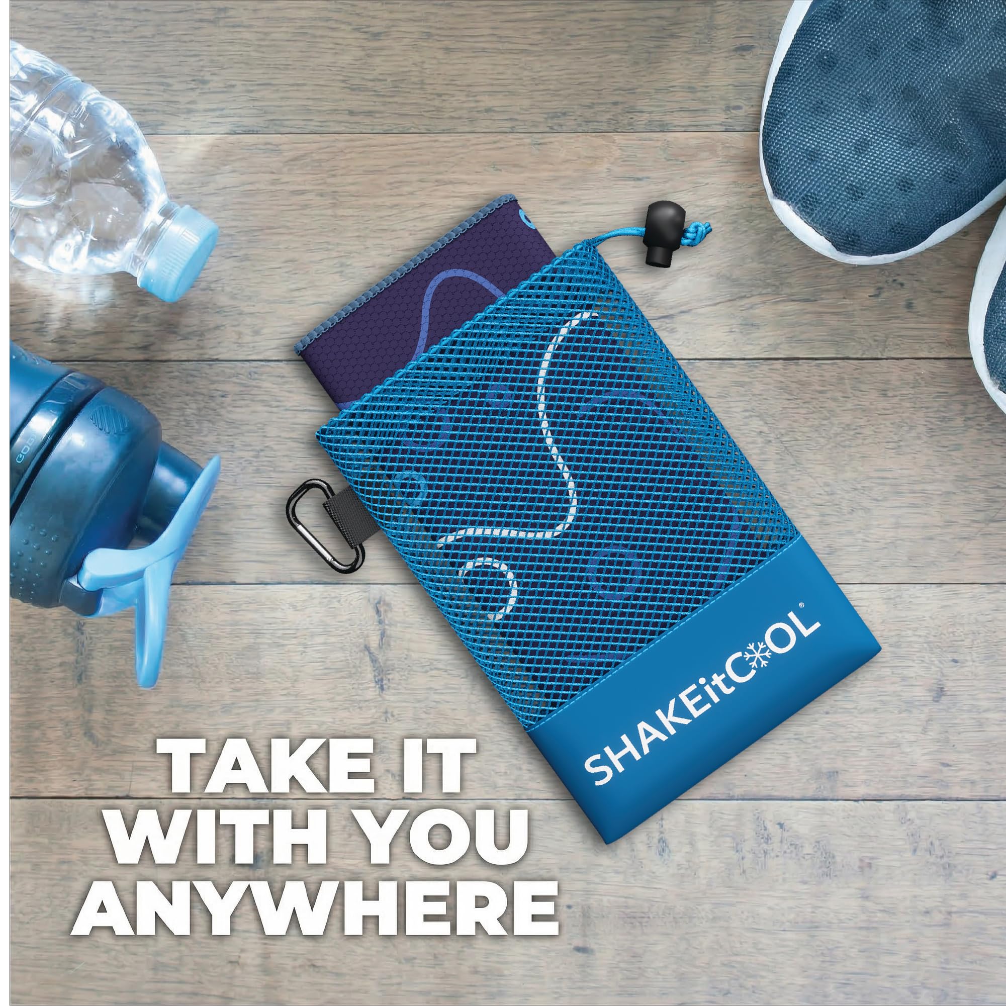 SHAKEitCOOL Extended Size Cooling Towel – Be Cool in Style - Heat Relief, Soft, Lightweight, Sun Protection, Easy Clean - Perfect for Biking, Hiking, Running, Yoga, Golf - Blue Purple Wave M